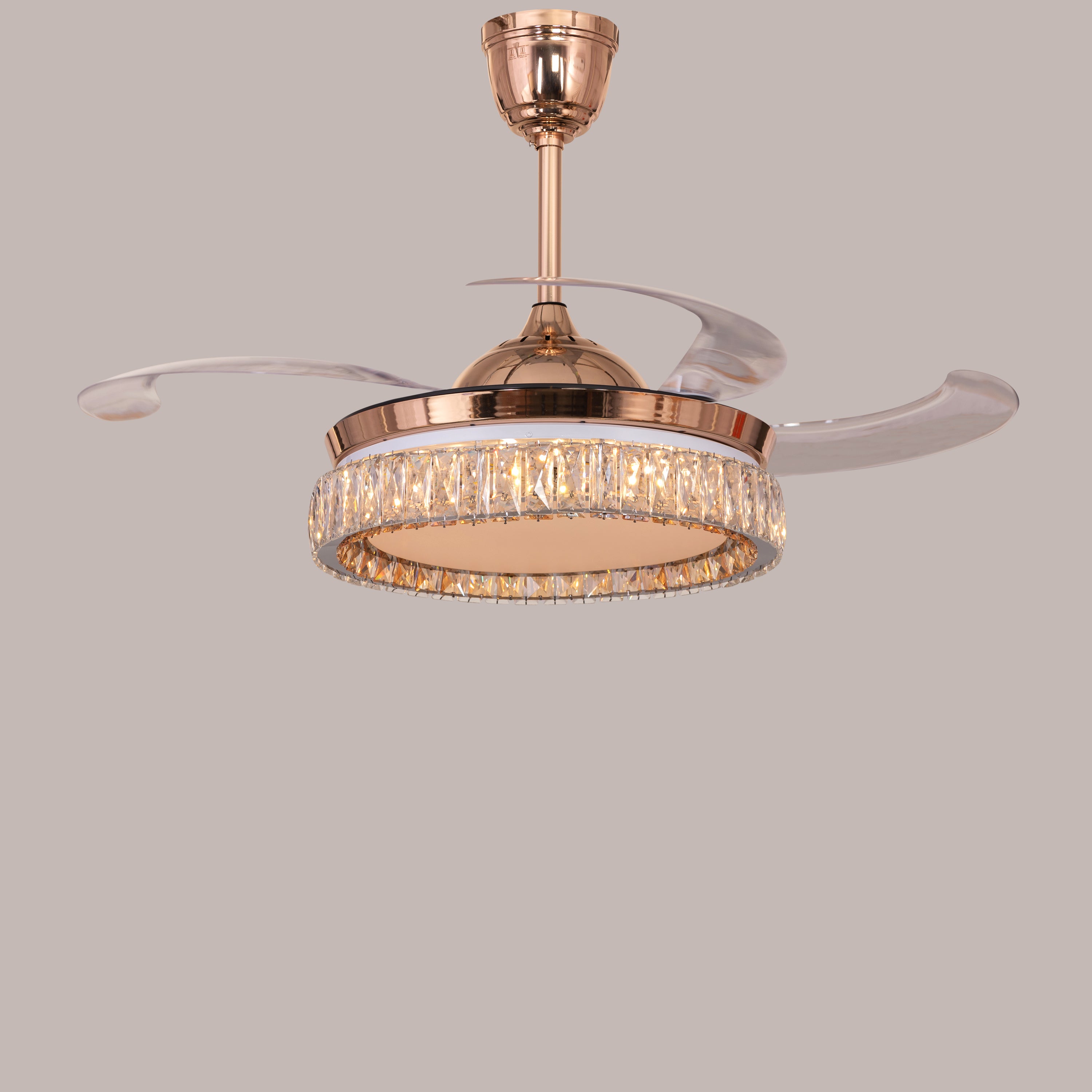 Through The Fire (112 cm Span, Matte Gold Finish Metal Body, Transparent ABS Plastic) 3 Color LED With Remote Control Crystal Chandelier Ceiling Fan