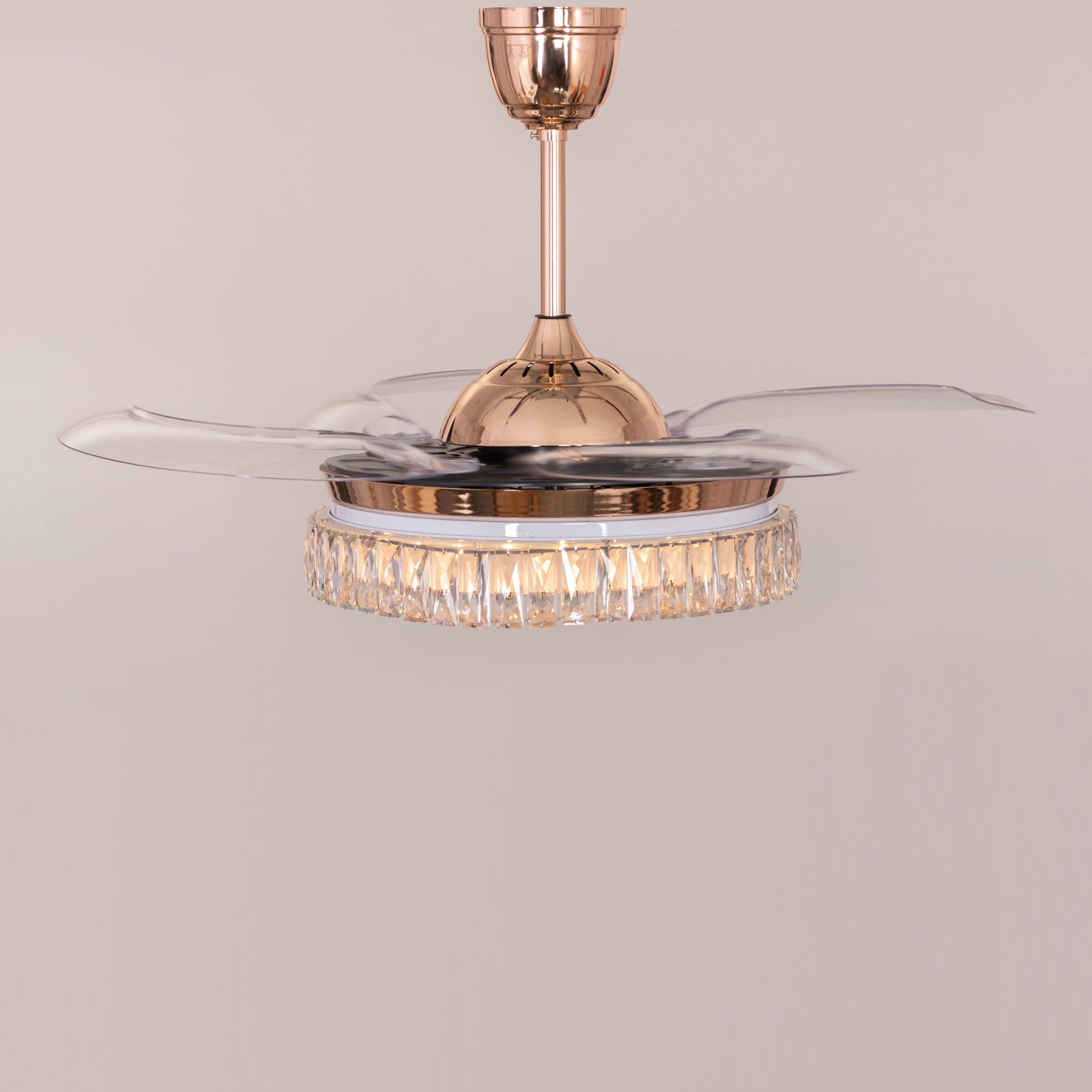 Through The Fire (112 cm Span, Matte Gold Finish Metal Body, Transparent ABS Plastic) 3 Color LED With Remote Control Crystal Chandelier Ceiling Fan