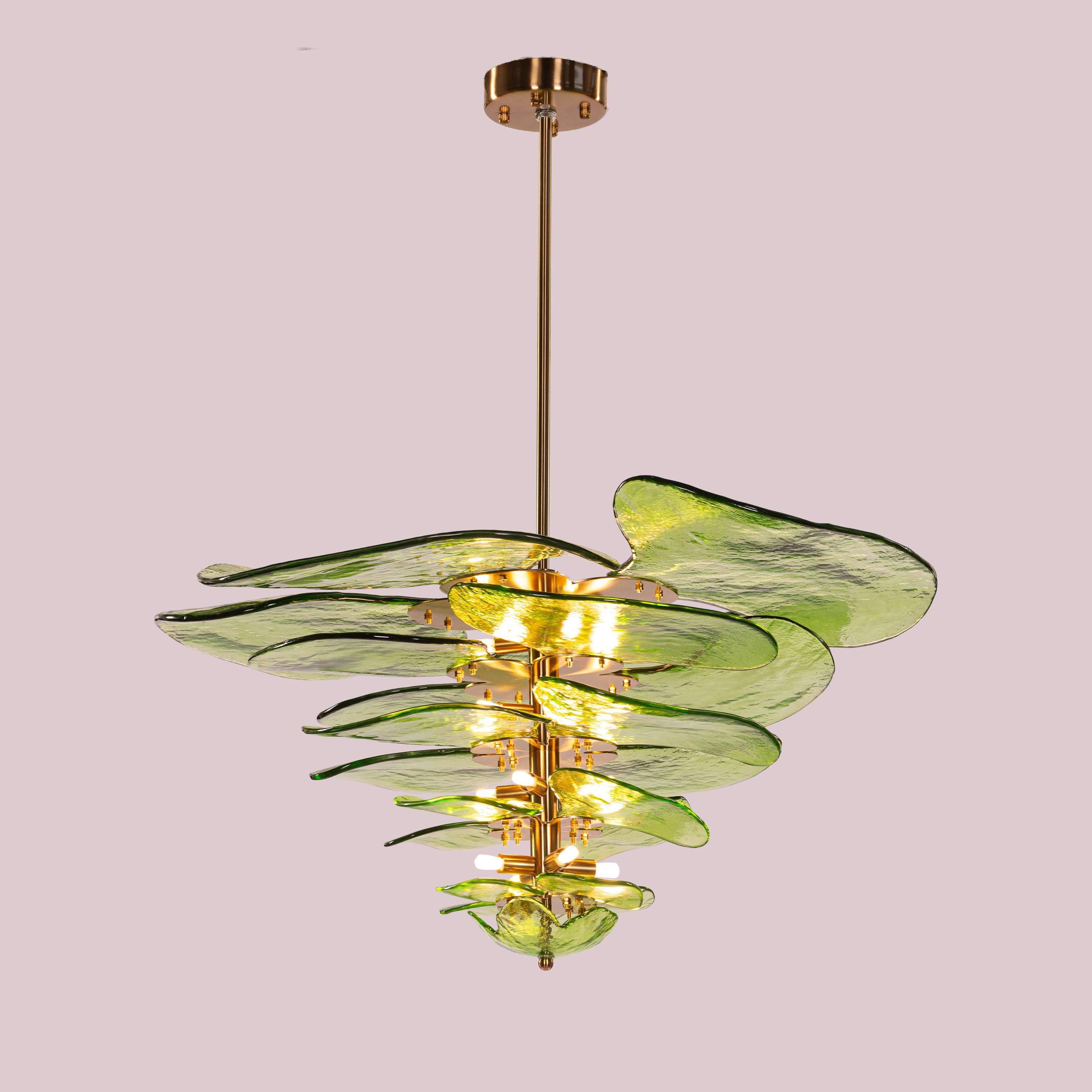 Luminous Lotus (Large, Gold, Green) Tinted Glass Chandelier