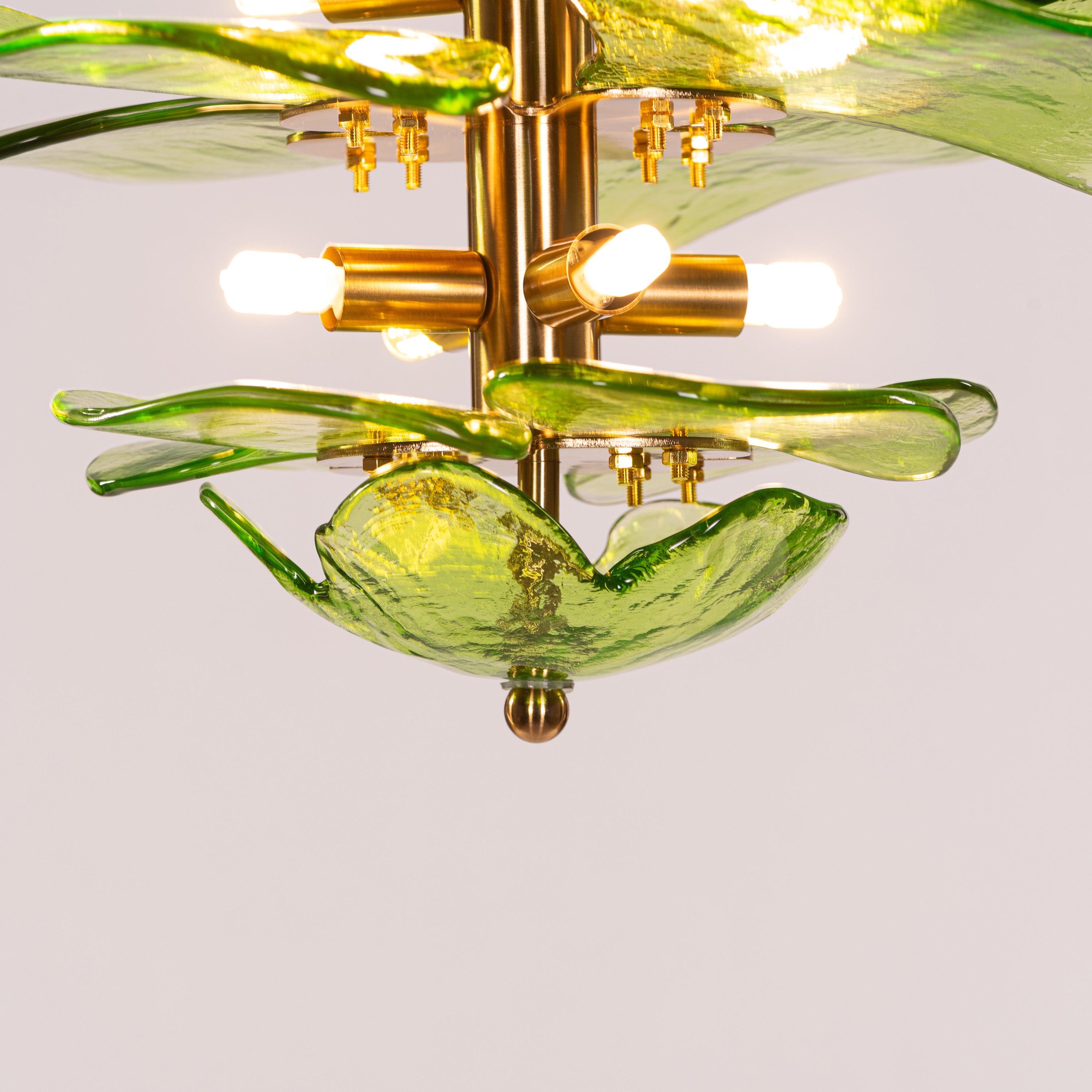 Luminous Lotus (Large, Gold, Green) Tinted Glass Chandelier