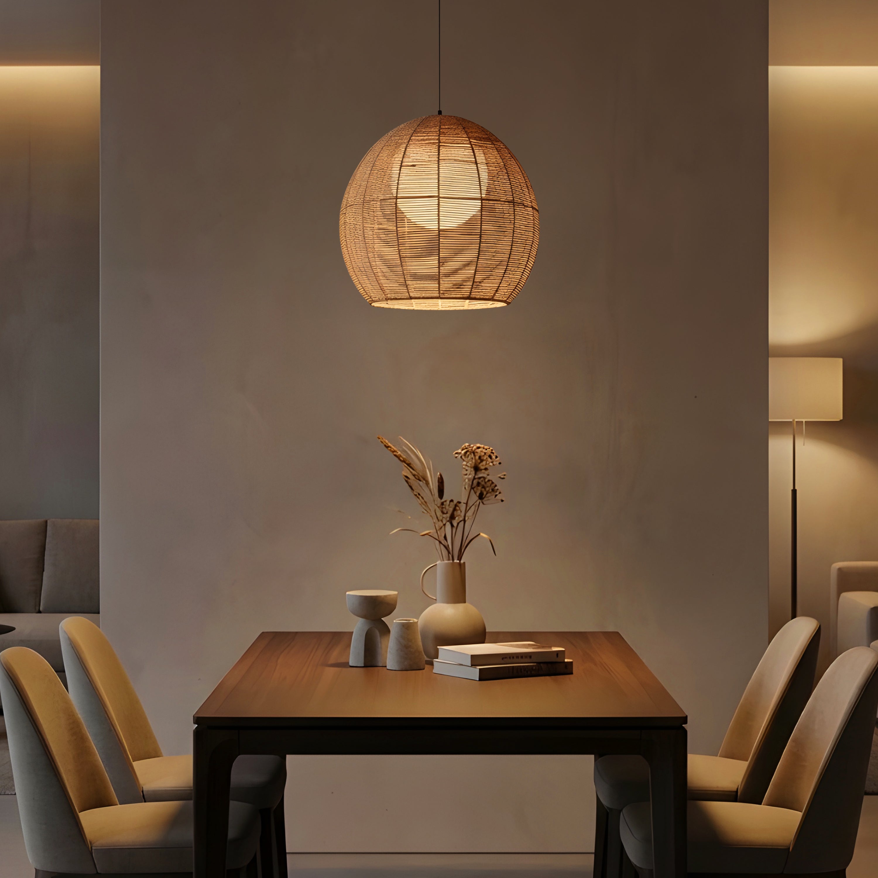 Sundown Cove (Gold, Beige) Rattan Pendant Light