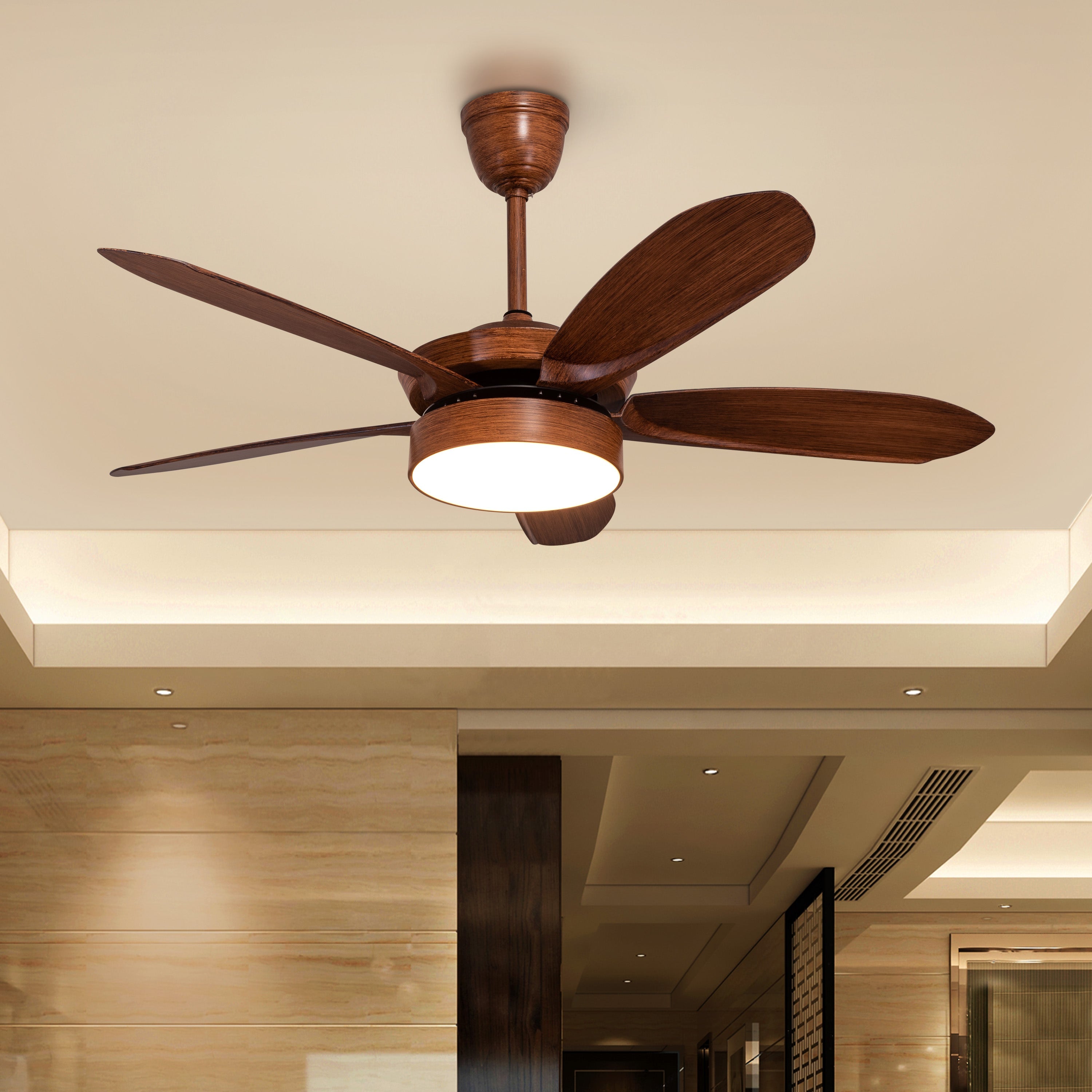 King's Cross (132 cm Span, Teak Finish Metal Body, Teak Finish ABS Blades) Dimmable LED With Remote Control Ceiling Fan