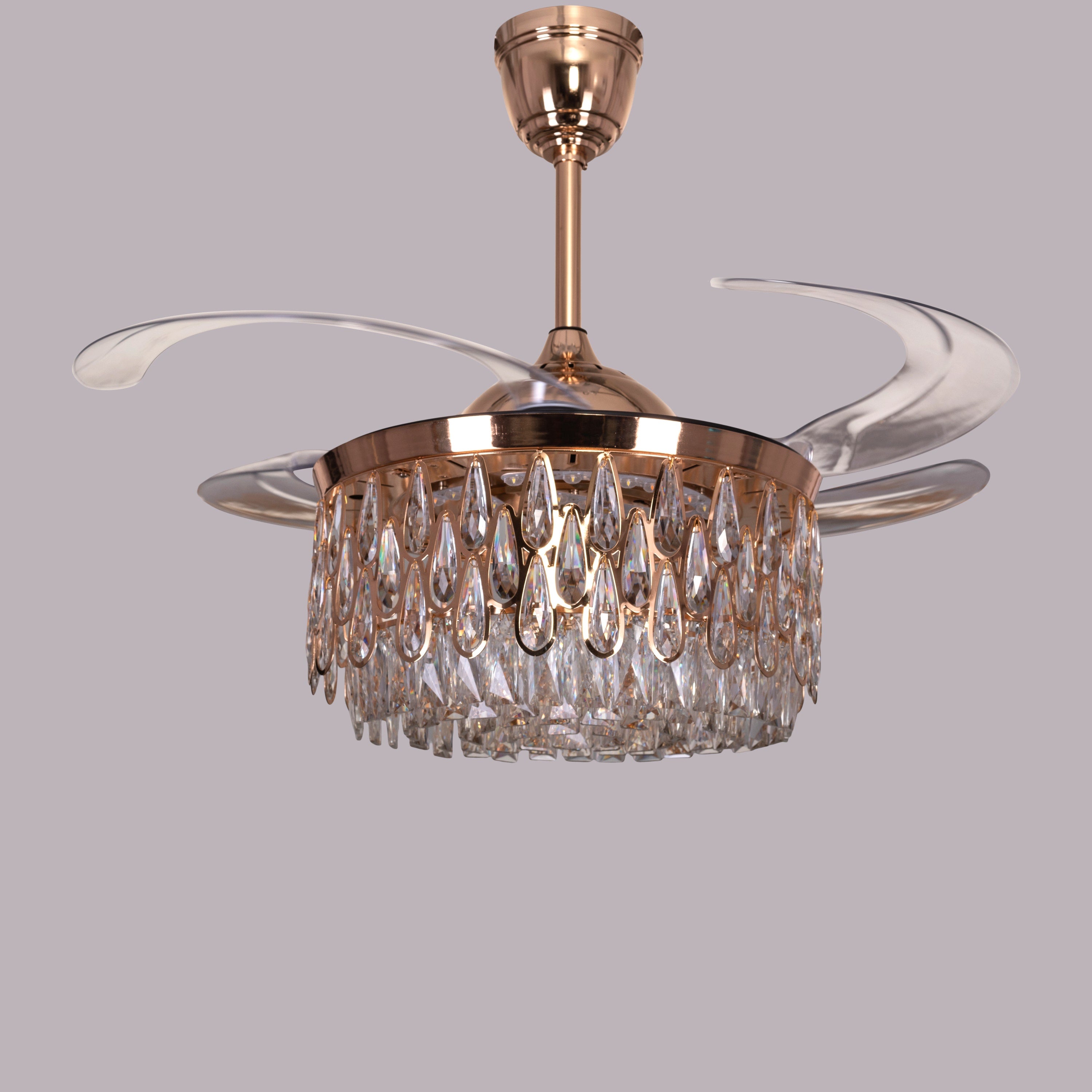 Flight Of Fancy (112 cm Span, Matte Gold Finish Metal Body, Transparent ABS Blades) Dimmable LEd With Remote Control Crystal Chandelier Ceiling Fan