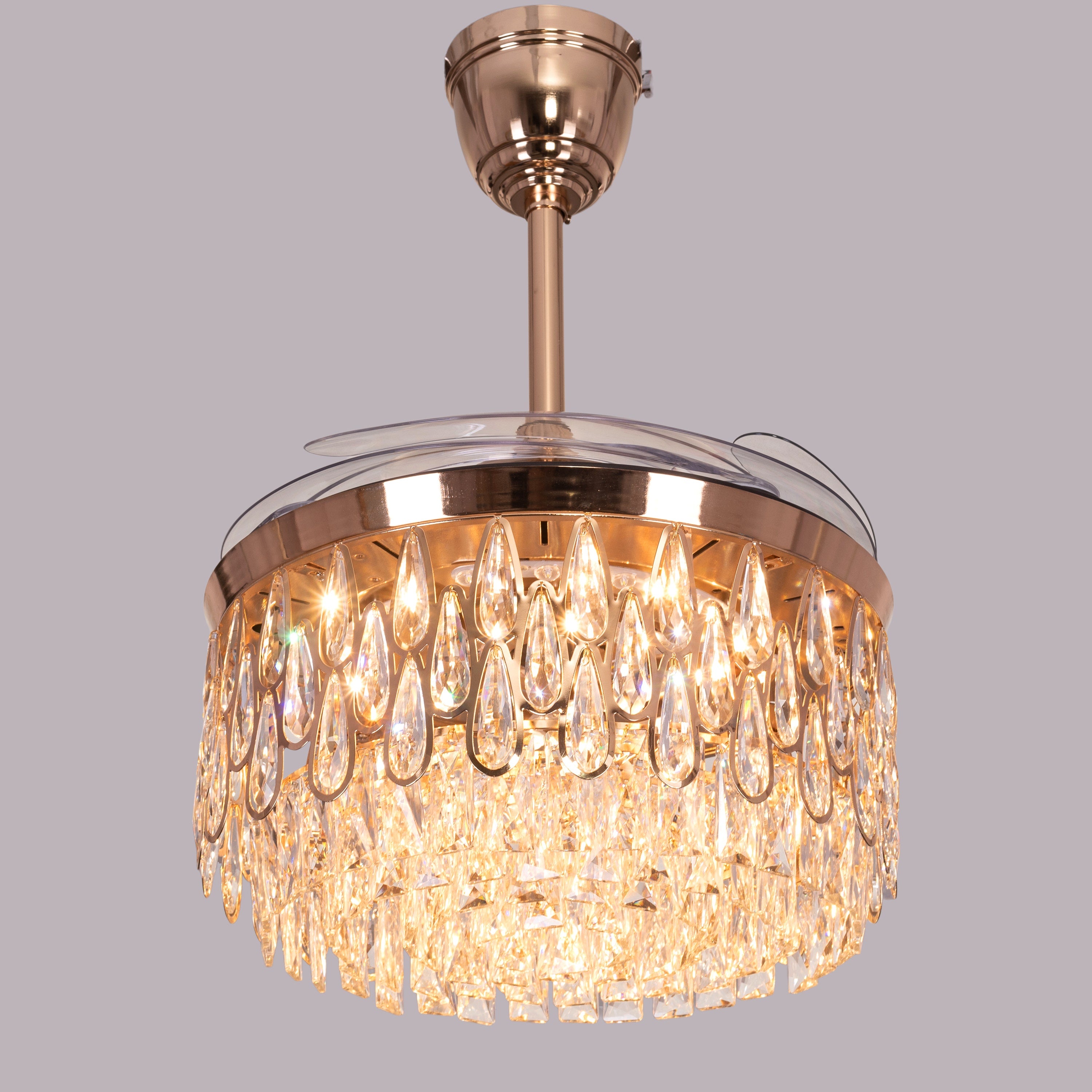 Flight Of Fancy (112 cm Span, Matte Gold Finish Metal Body, Transparent ABS Blades) Dimmable LEd With Remote Control Crystal Chandelier Ceiling Fan