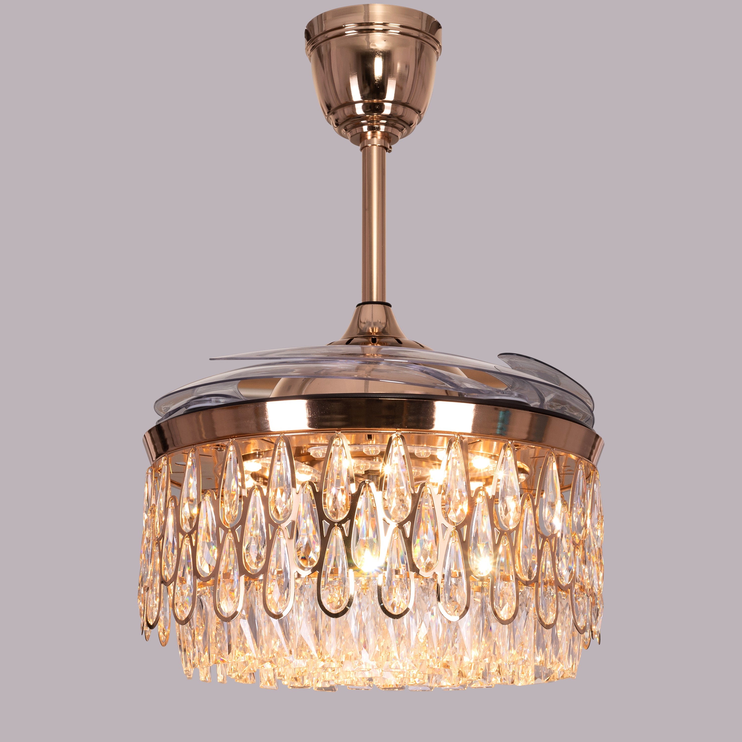 Flight Of Fancy (112 cm Span, Matte Gold Finish Metal Body, Transparent ABS Blades) Dimmable LEd With Remote Control Crystal Chandelier Ceiling Fan