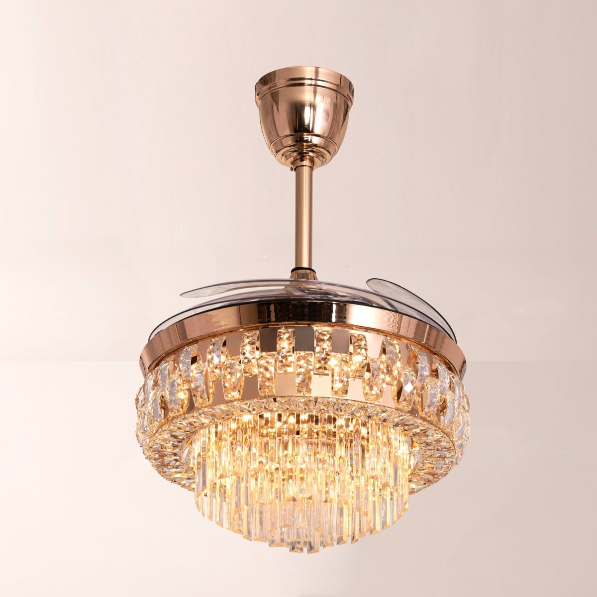 Major Missing (112 cm Span, Matte Gold Finish Metal Body, Transparent ABS Blades) Dimmable LED With Remote Control Crystal Chandelier Ceiling Fan