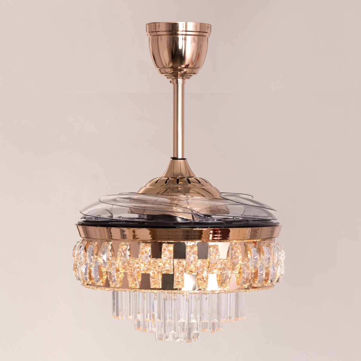 Major Missing (112 cm Span, Matte Gold Finish Metal Body, Transparent ABS Blades) Dimmable LED With Remote Control Crystal Chandelier Ceiling Fan