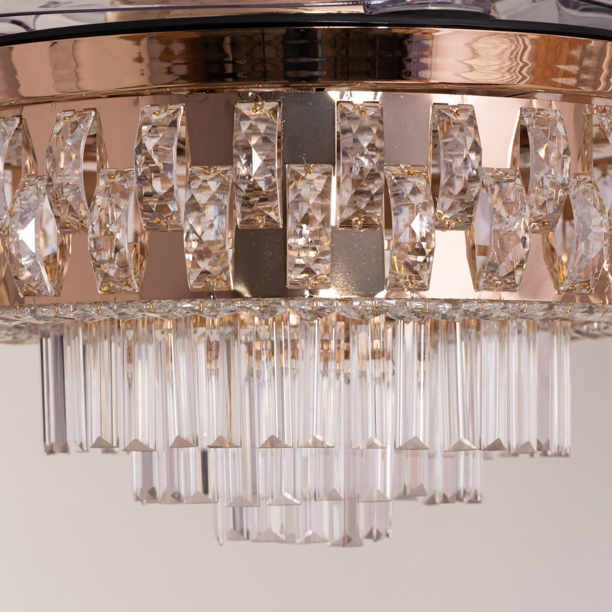 Major Missing (112 cm Span, Matte Gold Finish Metal Body, Transparent ABS Blades) Dimmable LED With Remote Control Crystal Chandelier Ceiling Fan