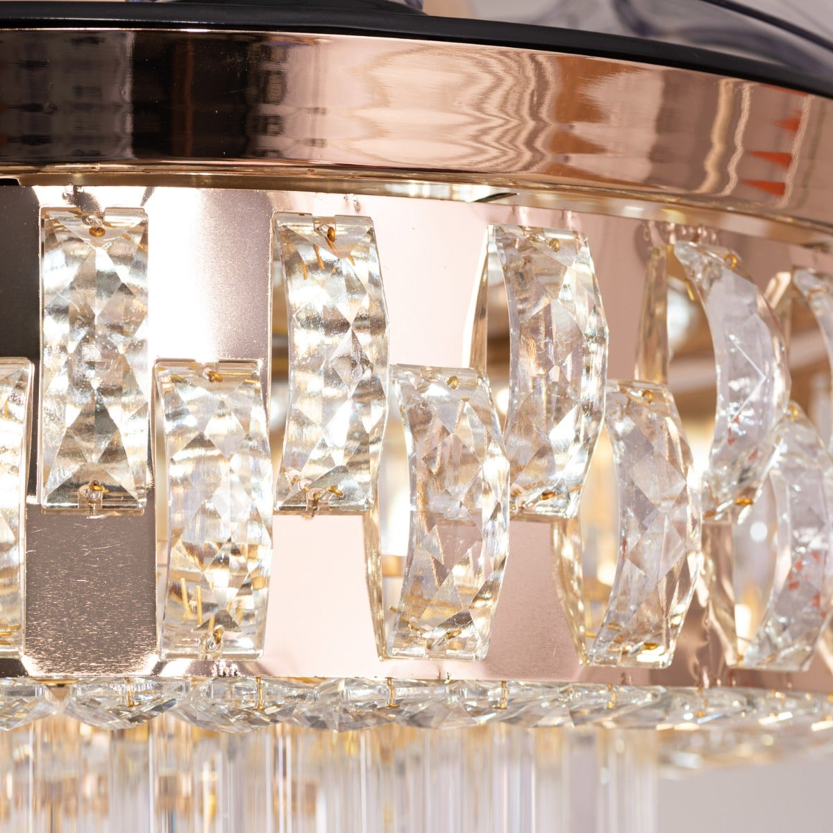 Major Missing (112 cm Span, Matte Gold Finish Metal Body, Transparent ABS Blades) Dimmable LED With Remote Control Crystal Chandelier Ceiling Fan