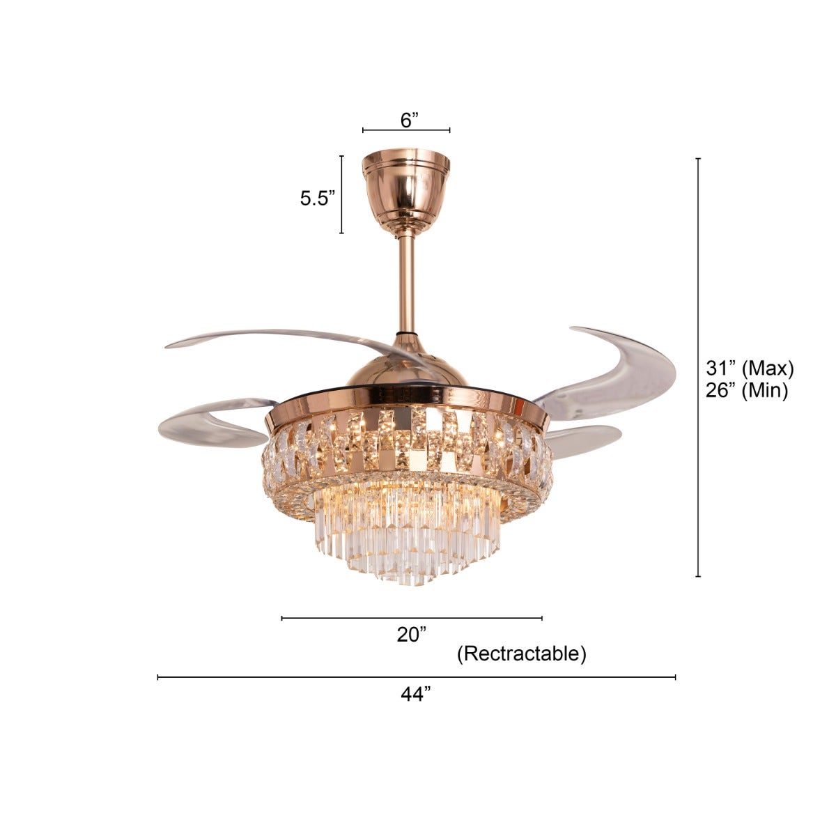 Major Missing (112 cm Span, Matte Gold Finish Metal Body, Transparent ABS Blades) Dimmable LED With Remote Control Crystal Chandelier Ceiling Fan