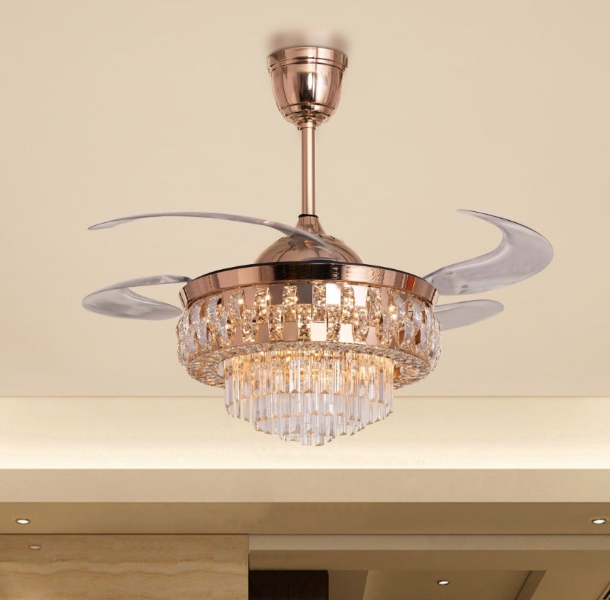 Major Missing (112 cm Span, Matte Gold Finish Metal Body, Transparent ABS Blades) Dimmable LED With Remote Control Crystal Chandelier Ceiling Fan
