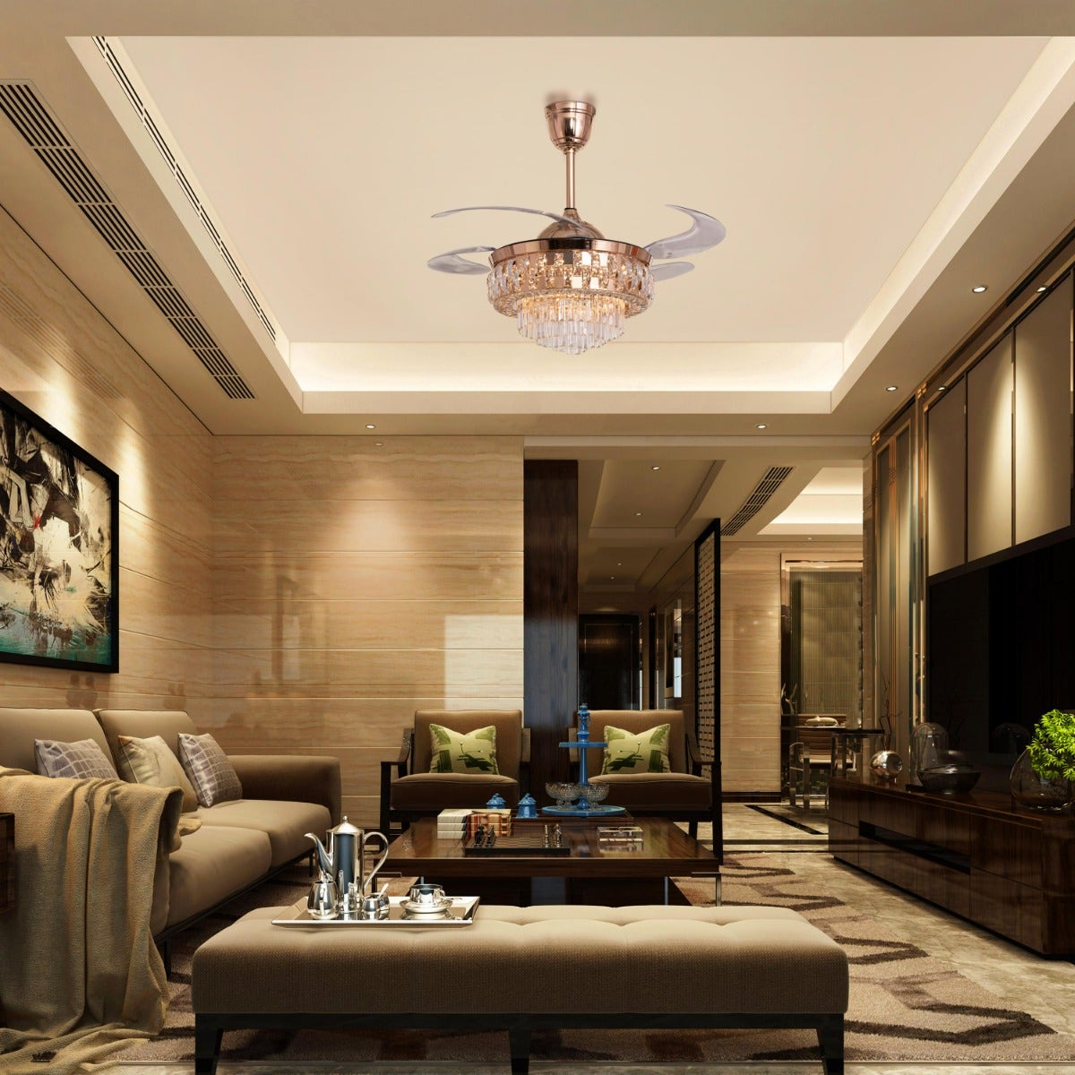 Major Missing (112 cm Span, Matte Gold Finish Metal Body, Transparent ABS Blades) Dimmable LED With Remote Control Crystal Chandelier Ceiling Fan