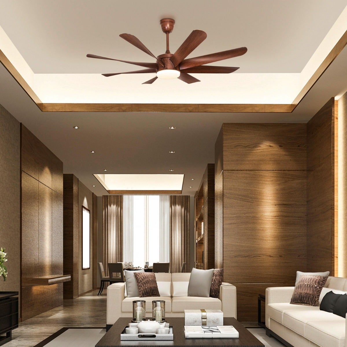 Chaos (155 cm Span, Wood Finish Metal Body, Teak Wood Finish ABS Blades) Dimmable LED With Remote Control Ceiling Fan