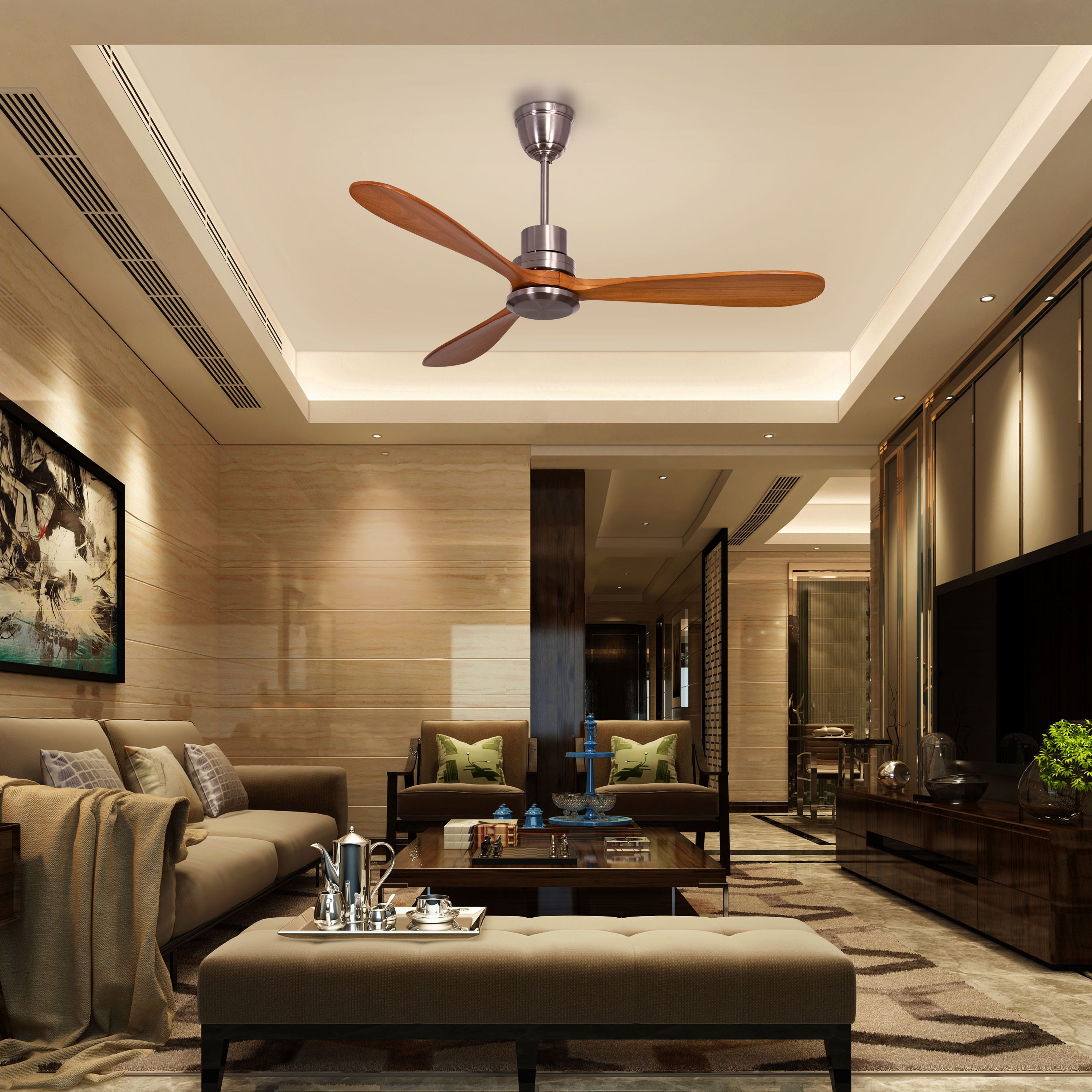Glen Meadow (132 cm Span, Chrome Finish Metal Body, Teak Finish Solid Wood Blades) Ceiling Fan