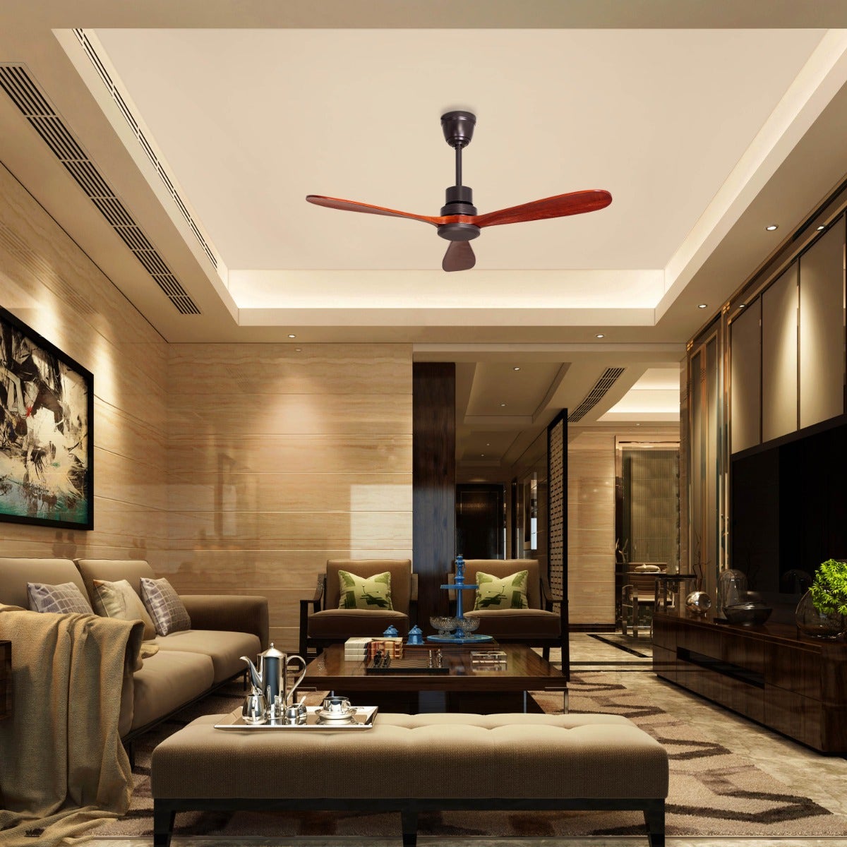 Glen Meadow (132 cm Span, Black Metal Body, Mahogany Finish Solid Wood Blades) Ceiling Fan