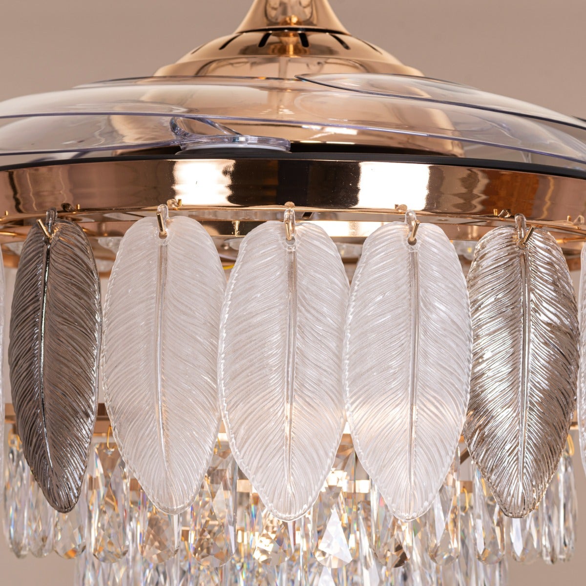 Silver Lining (112 cm Span, Matte Gold Finish Metal Body, Transparent ABS Blades) Dimmable LED With Remote Control Crystal Chandelier Ceiling Fan