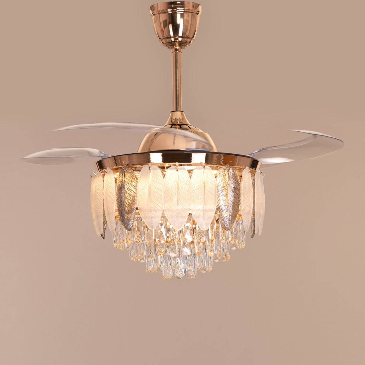 Silver Lining (112 cm Span, Matte Gold Finish Metal Body, Transparent ABS Blades) Dimmable LED With Remote Control Crystal Chandelier Ceiling Fan