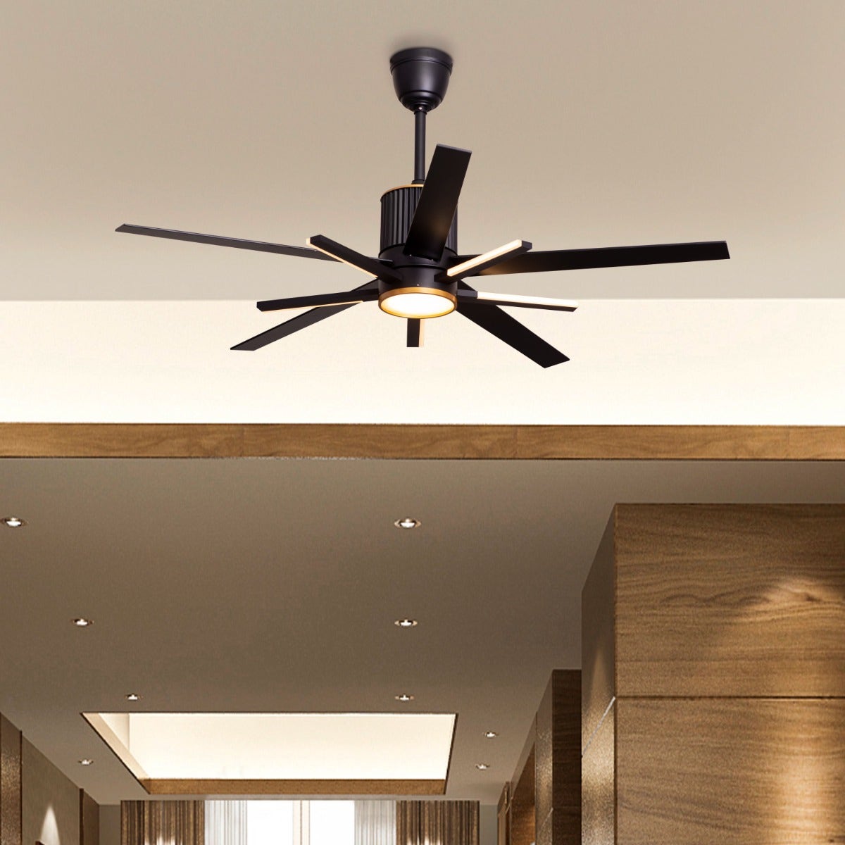 Serengeti (142 cm Span, Black & Gold Finish Metal Body, Black Finish Solid Wood Blades) Dimmable LED With Remote Control Ceiling Fan