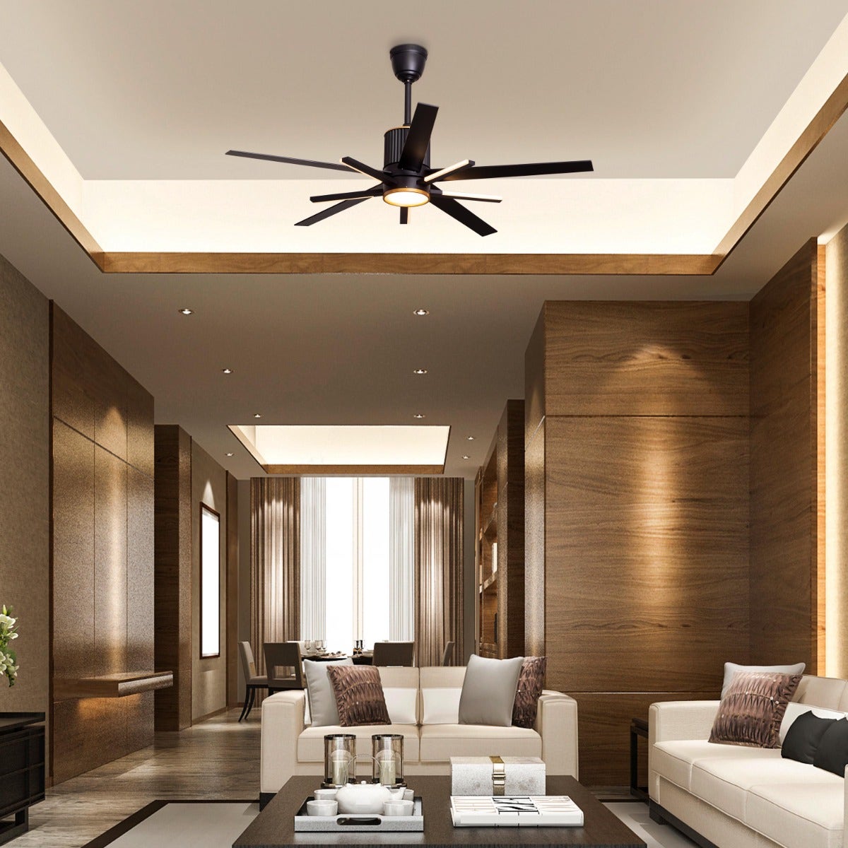 Serengeti (142 cm Span, Black & Gold Finish Metal Body, Black Finish Solid Wood Blades) Dimmable LED With Remote Control Ceiling Fan