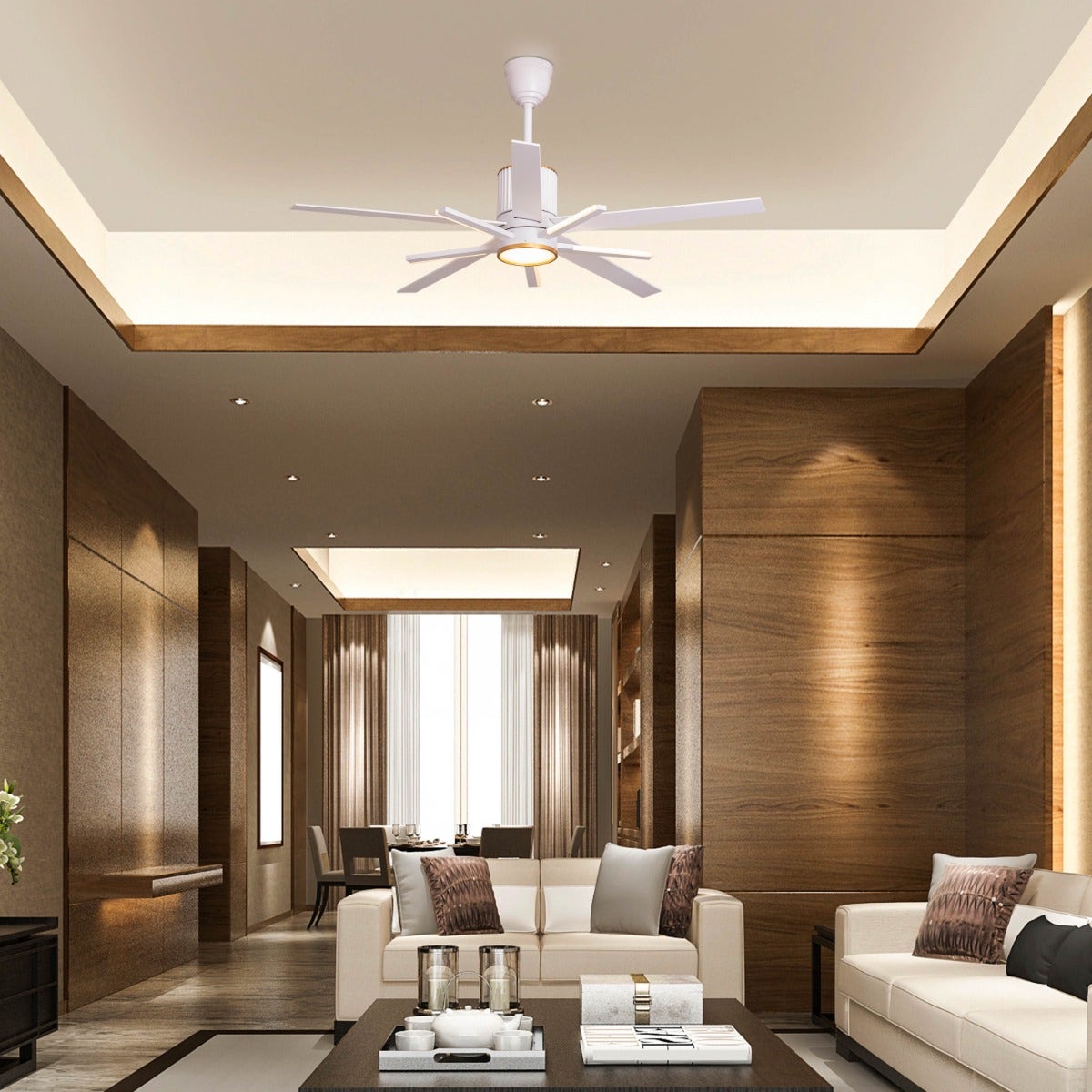 Serengeti (142 cm Span, White & Gold Finish Metal Body, White Finish Solid Wood Blades) Dimmable LED With Remote Control Ceiling Fan