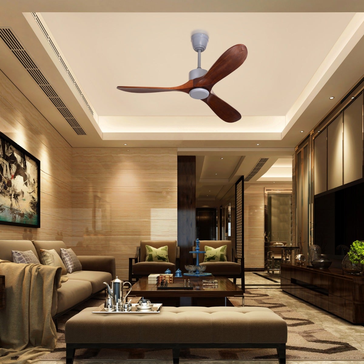 Tiburon (132 cm Span, Grey Finish Metal Body, Teakwood Finish Wooden Blades) Ceiling Fan