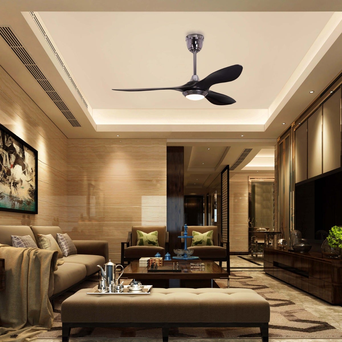 Bodrum Beauty (132 cm Span, Chrome Finish Metal Body, Black Finish ABS Blades) Dimmable LED With Remote Control Ceiling Fan