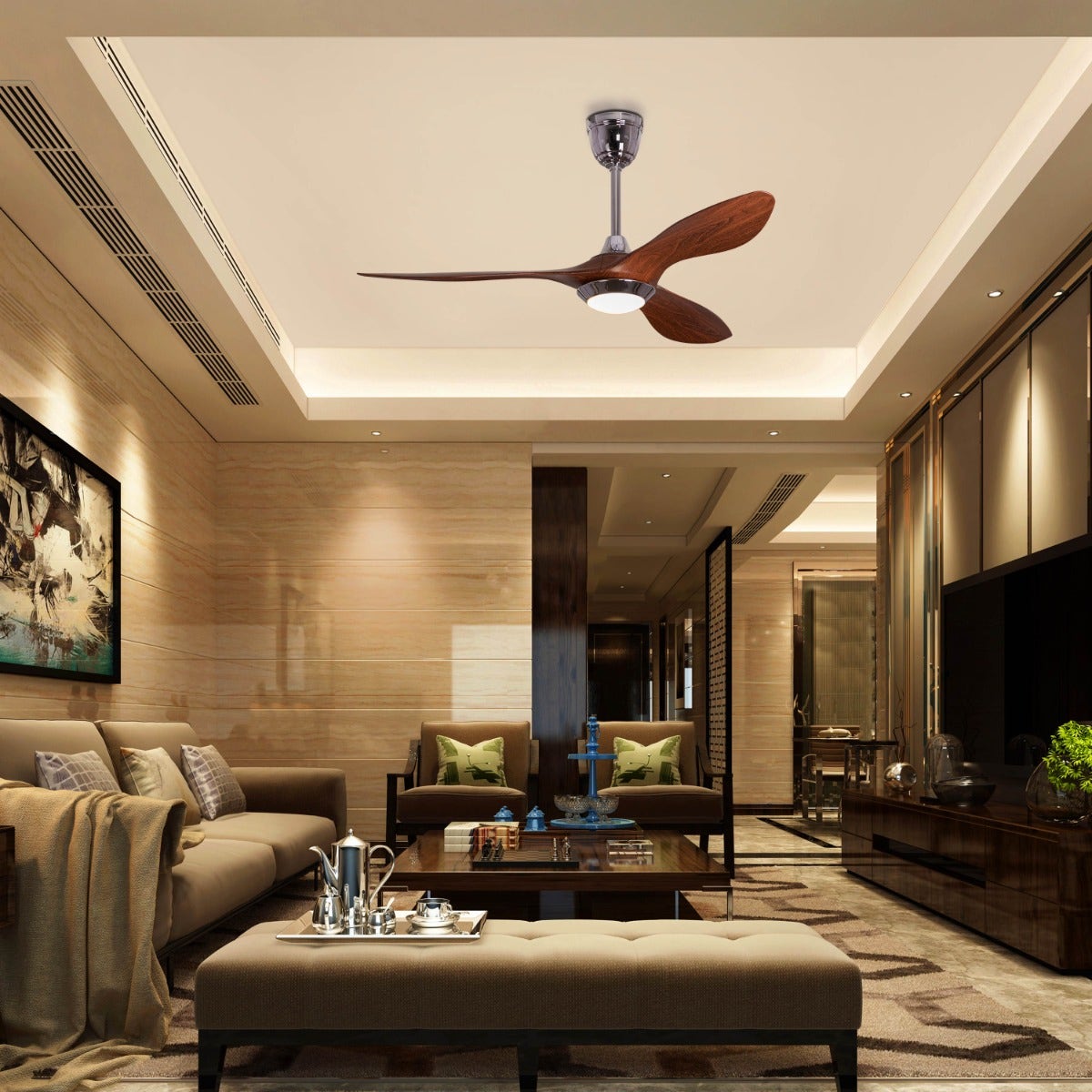 Bodrum Beauty (132 cm Span, Chrome Finish Metal Body, Teakwood Finish ABS Blades) Dimmable LED With Remote Control Ceiling Fan