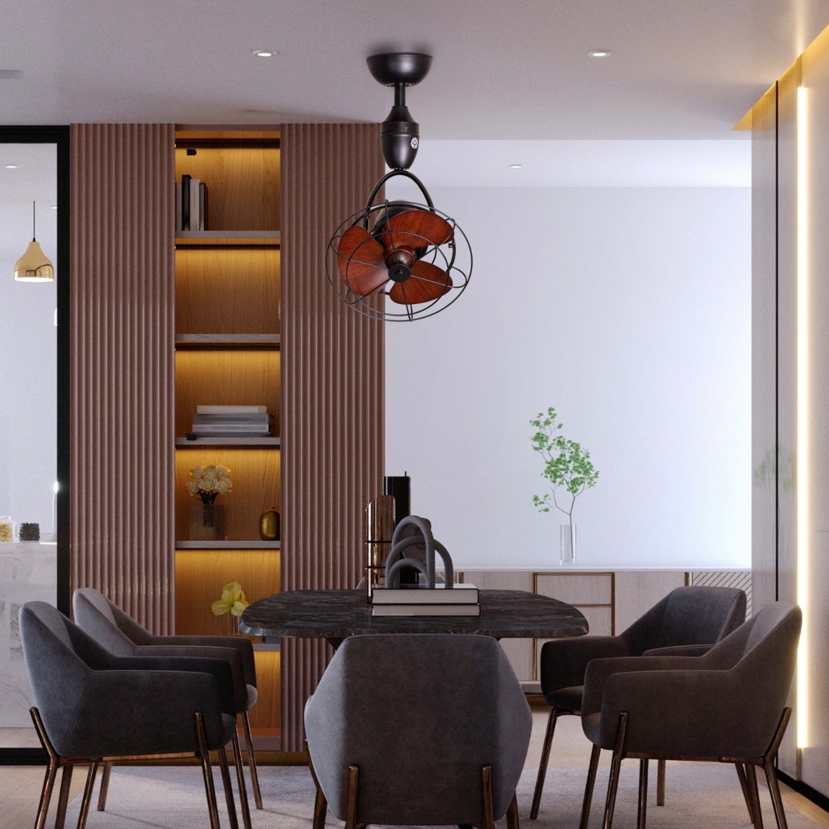 Canary Wharf (Oval Blade 28 cm Span, Black Finish Metal Body, Teak Wood Finish ABS Blades) Ceiling/Wall Fan