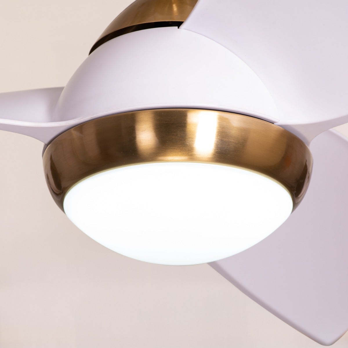 White Meadows (110 cm Span, Gold Finish Metal Body, White Finish ABS Blades) Dimmable LED With Remote Control Ceiling Fan