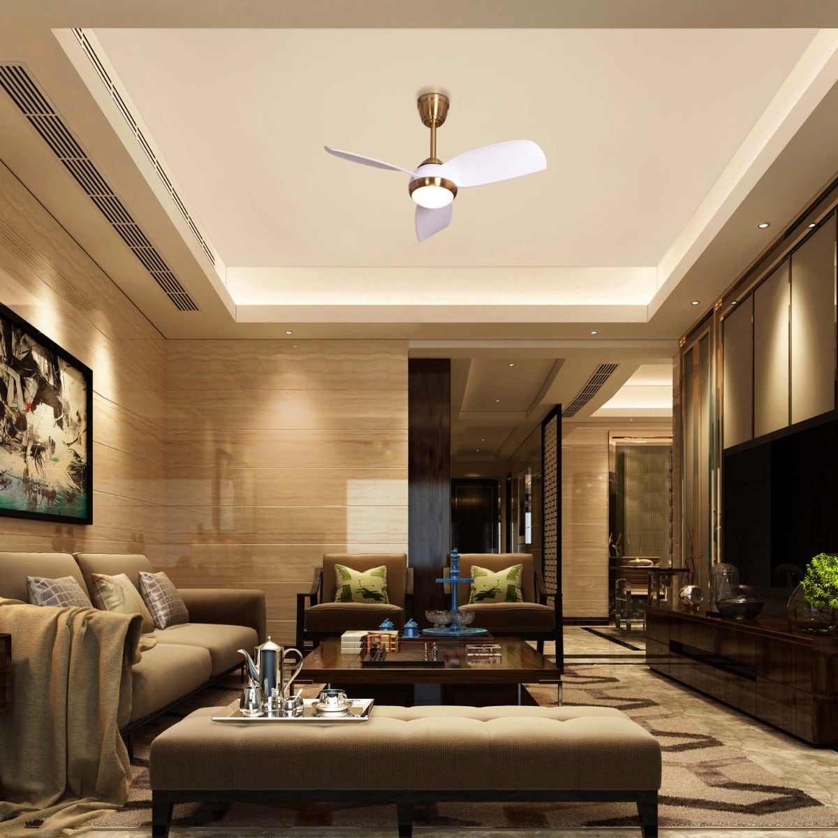 White Meadows (110 cm Span, Gold Finish Metal Body, White Finish ABS Blades) Dimmable LED With Remote Control Ceiling Fan