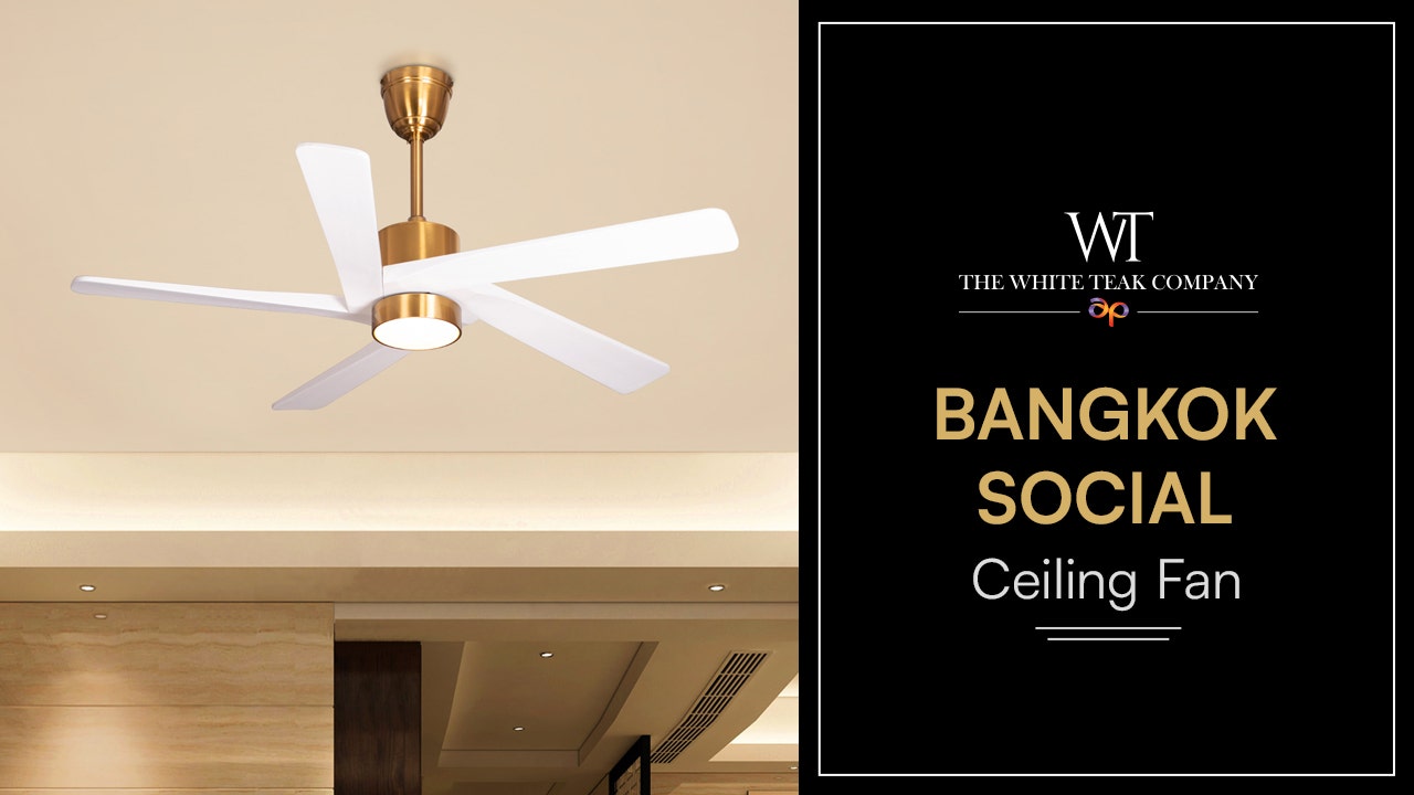 Bangkok Social (140 cm Span, Gold Finish Metal Body, White Finish Wooden Blades) Dimmable LED With Remote Control Ceiling Fan