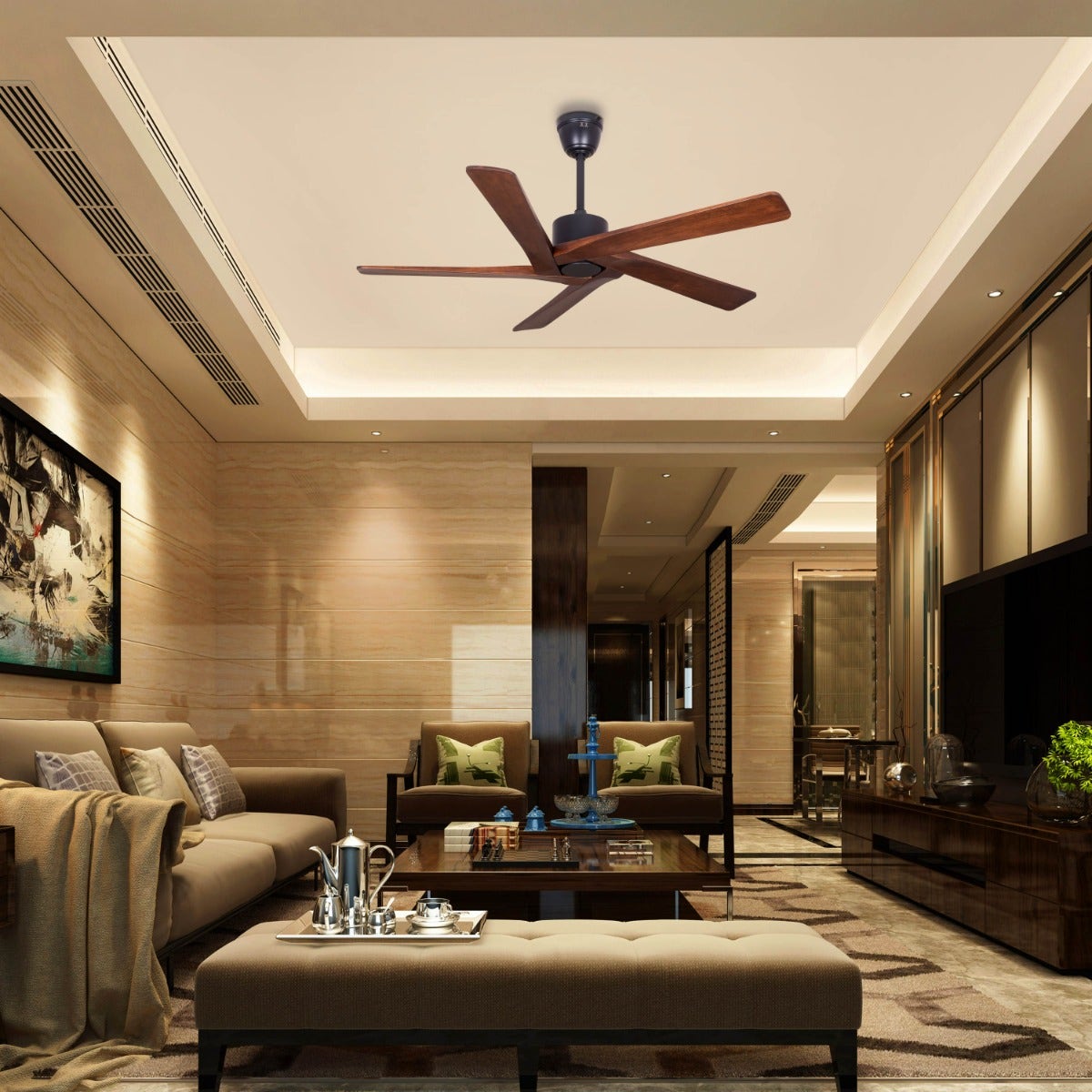 Kensington (137 cm Span, Black Finish Metal Body, Walnut Finish Solid Wood Blades) Ceiling Fan