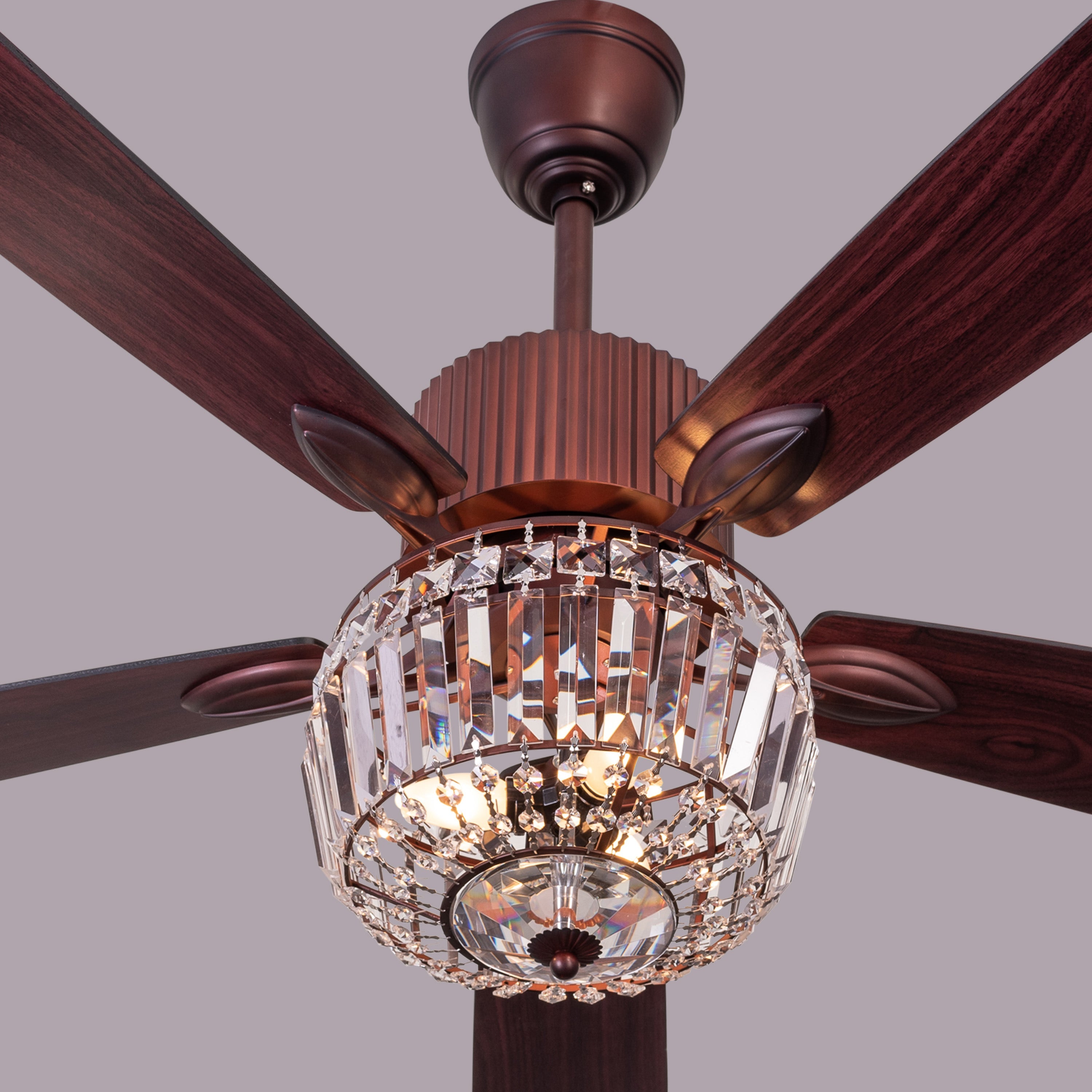 Encrusted (132 cm Span, Mahogany Color Metal Body, Mahogany Finish MDF Blades) Crystal Chandelier Ceiling Fan