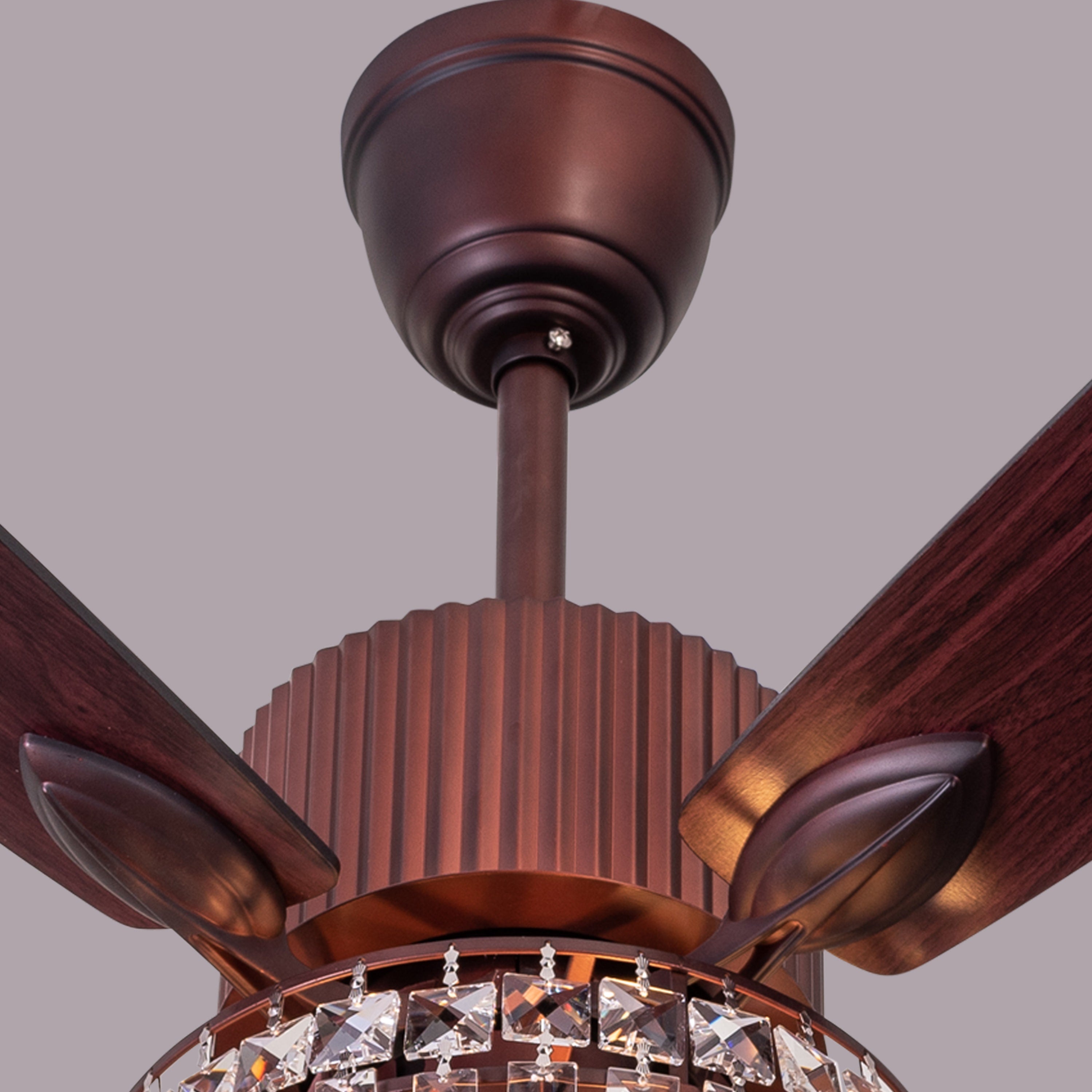 Encrusted (132 cm Span, Mahogany Color Metal Body, Mahogany Finish MDF Blades) Crystal Chandelier Ceiling Fan