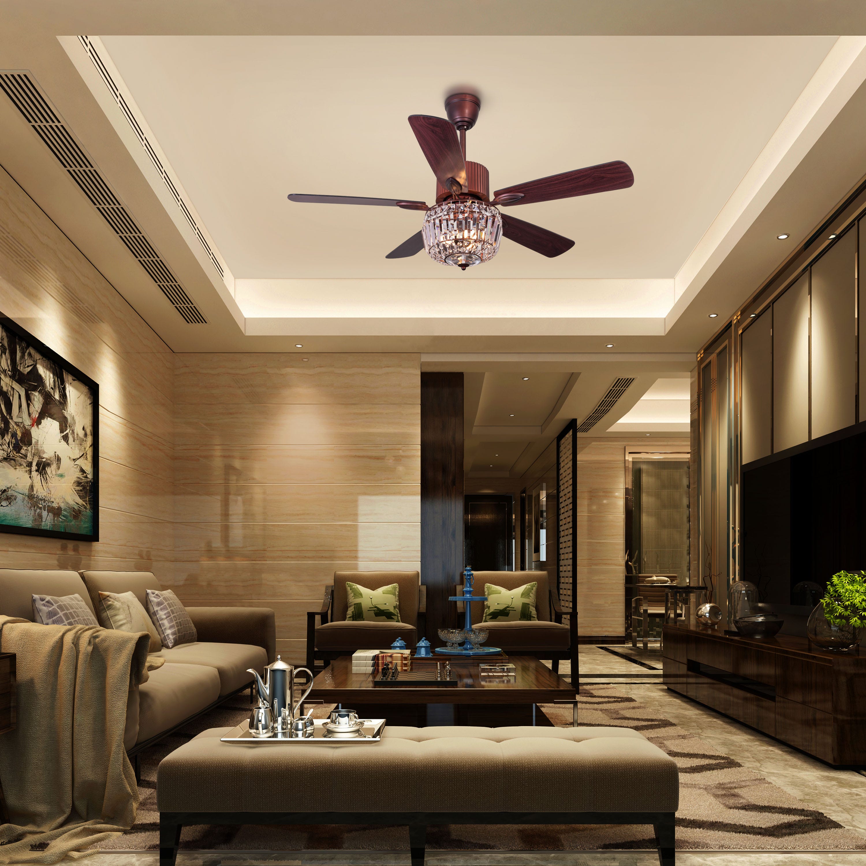 Encrusted (132 cm Span, Mahogany Color Metal Body, Mahogany Finish MDF Blades) Crystal Chandelier Ceiling Fan