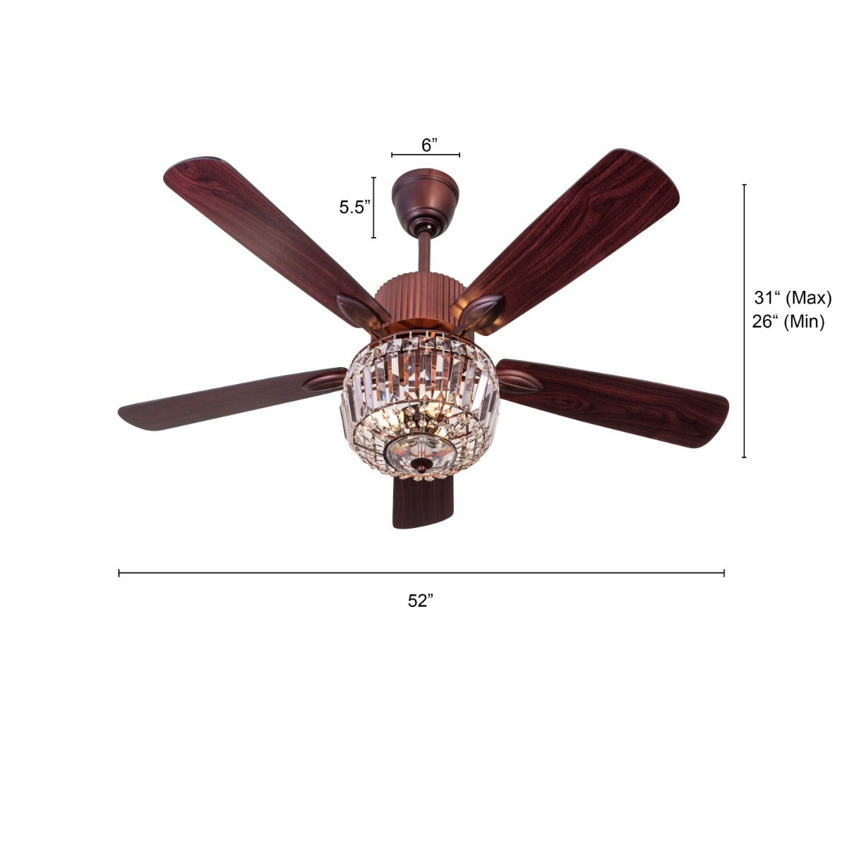 Encrusted (132 cm Span, Mahogany Color Metal Body, Mahogany Finish MDF Blades) Crystal Chandelier Ceiling Fan