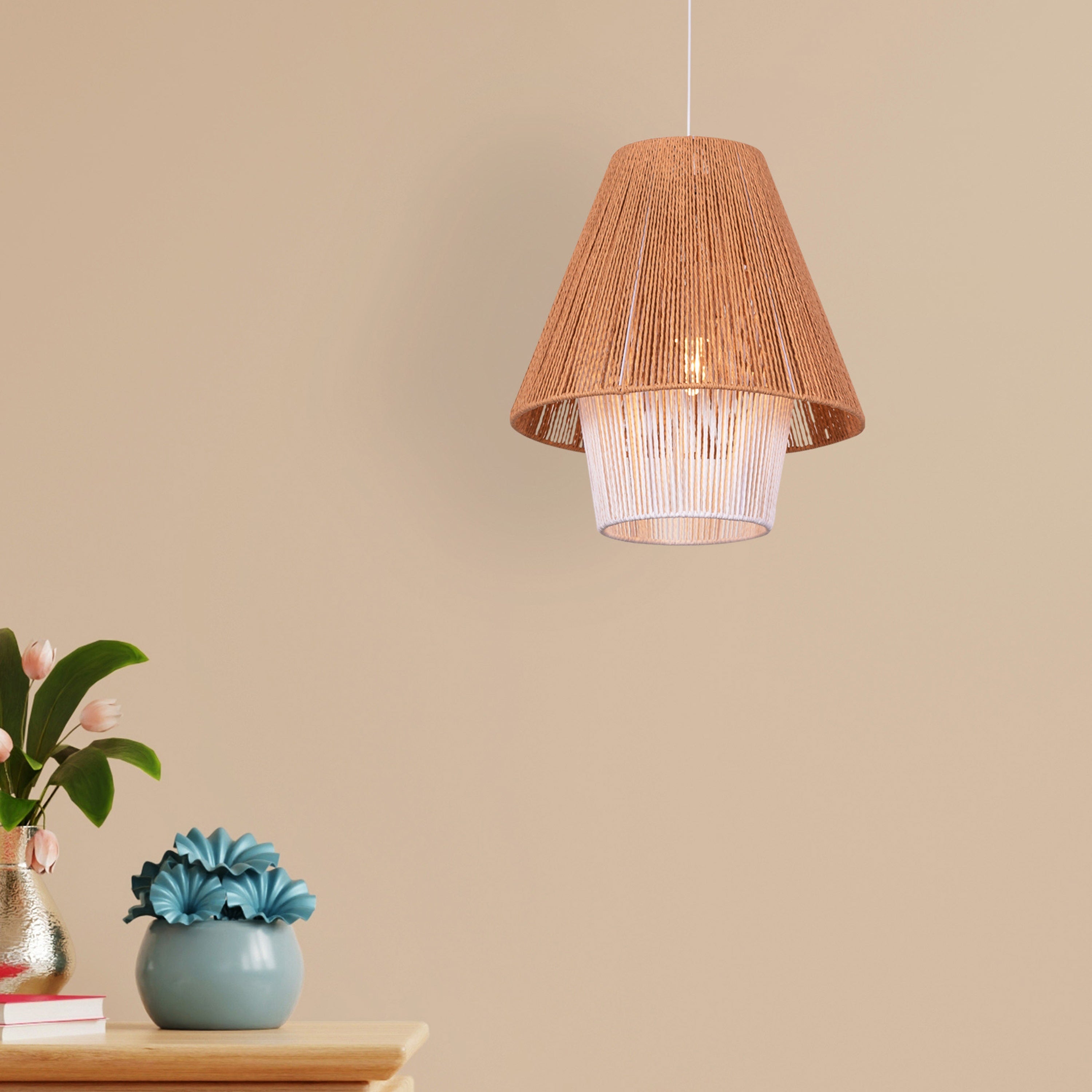 Say What You Mean (Brown, White) Rattan Pendant Light