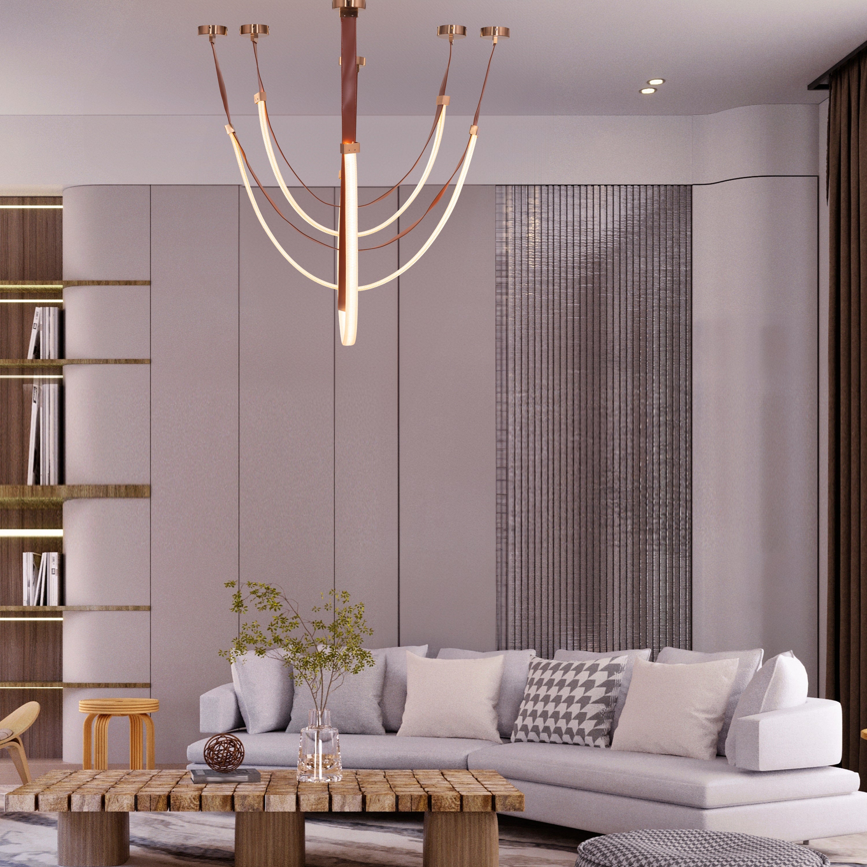 Buckle Up (Large, Brown, White, 3 Color Built-In LED) Leather Chandelier