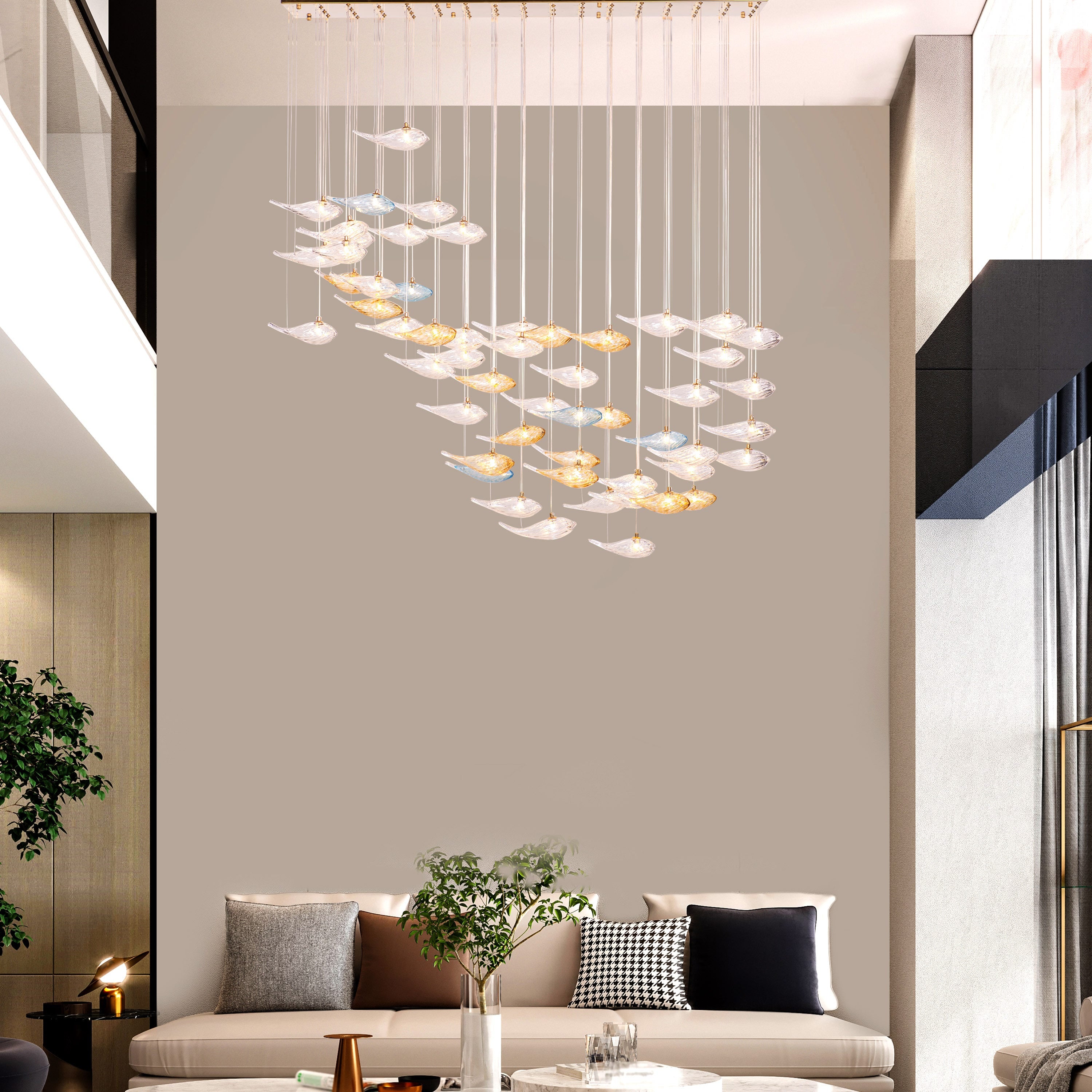 Swim With The Tide (Large, Gold, Clear, Amber) Textured Glass Double Height Chandelier