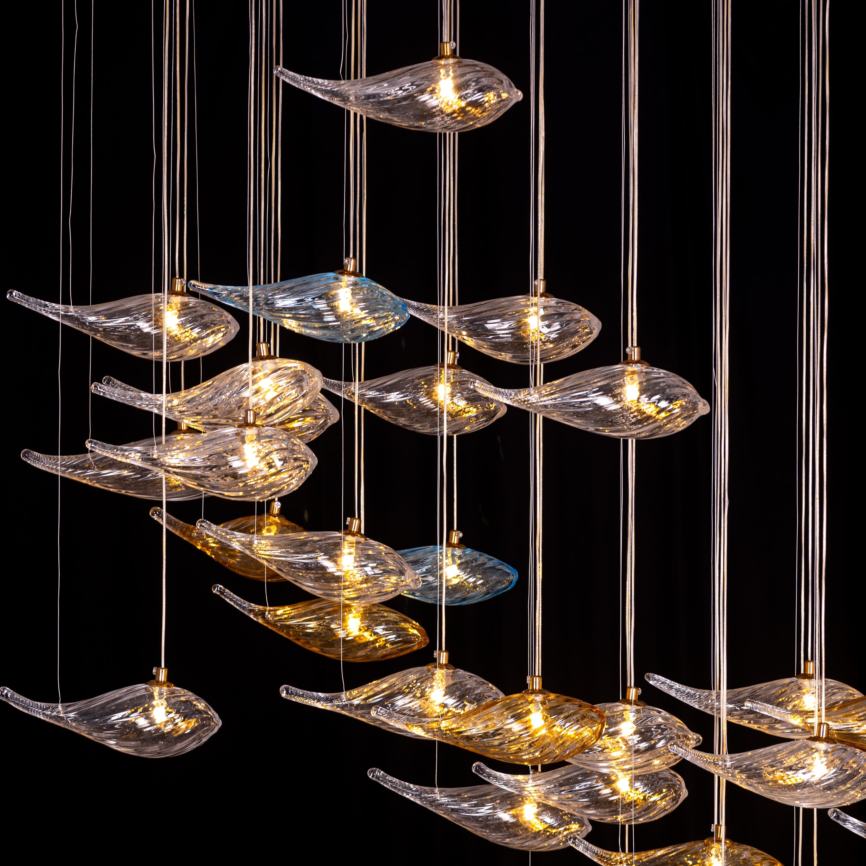 Swim With The Tide (Large, Gold, Clear, Amber) Textured Glass Double Height Chandelier