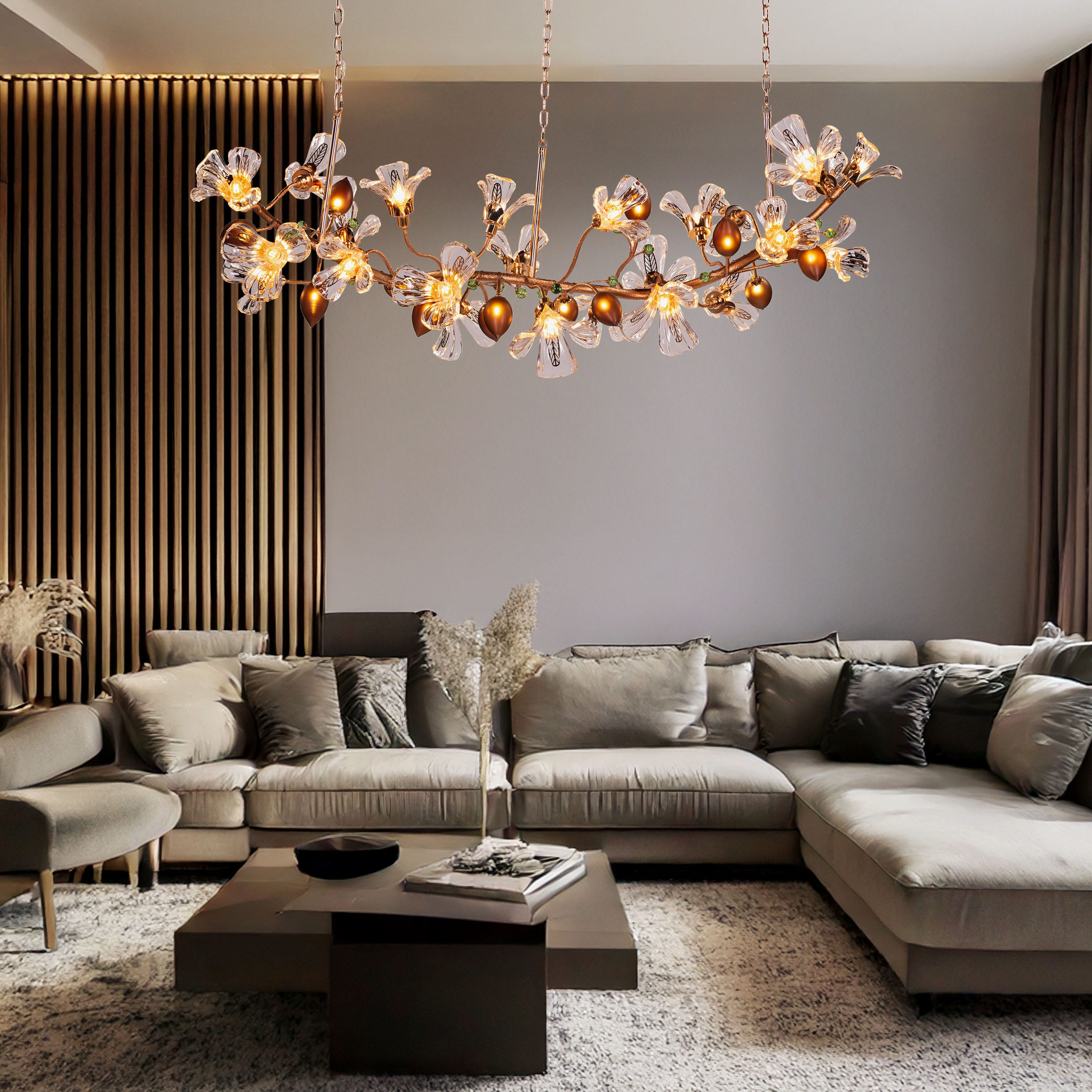 Harubana Splash (Large, Rose Gold, Clear & Amber) Textured Glass Chandelier