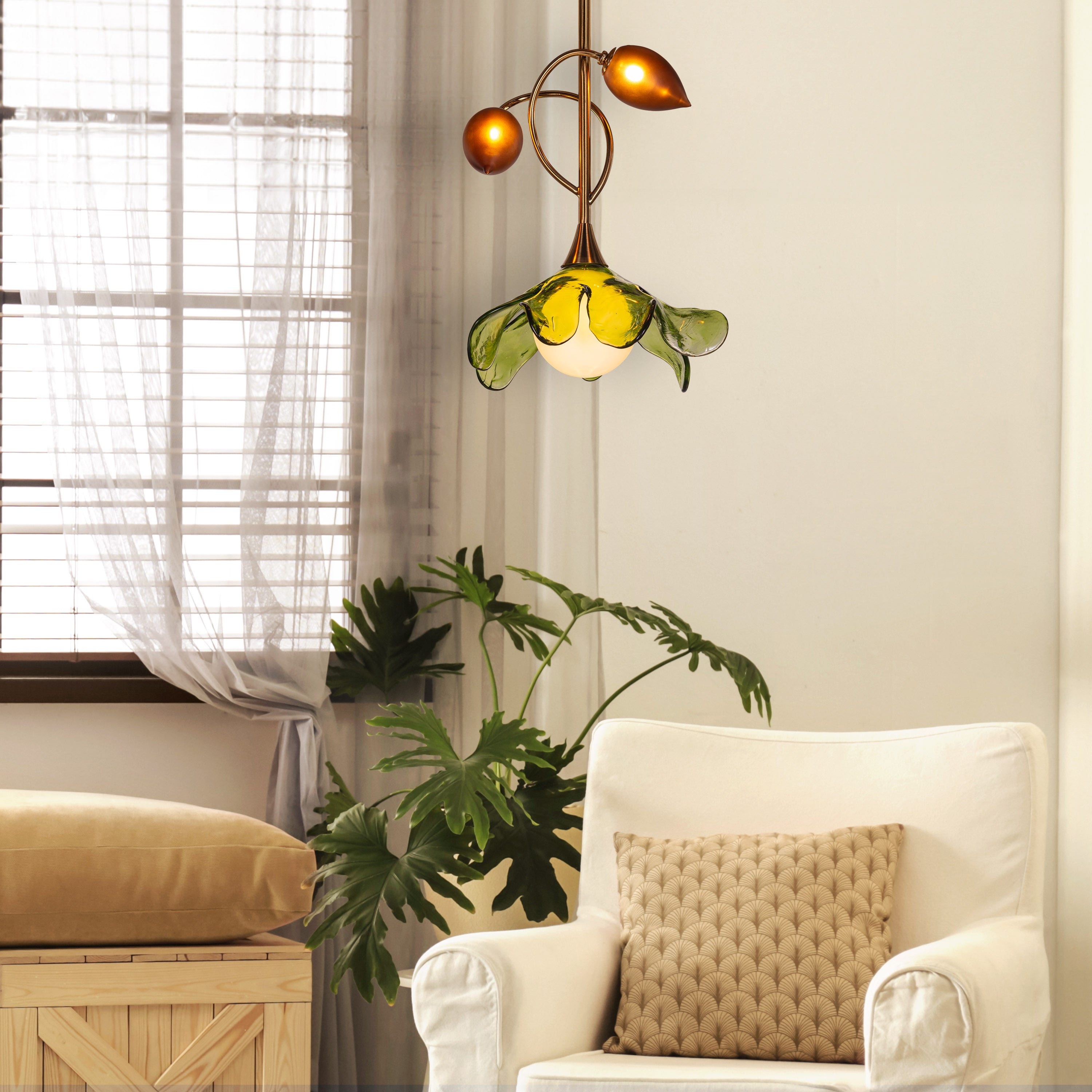 Midori Blossom (Gold, Green & Amber) Tinted Glass Pendant Light