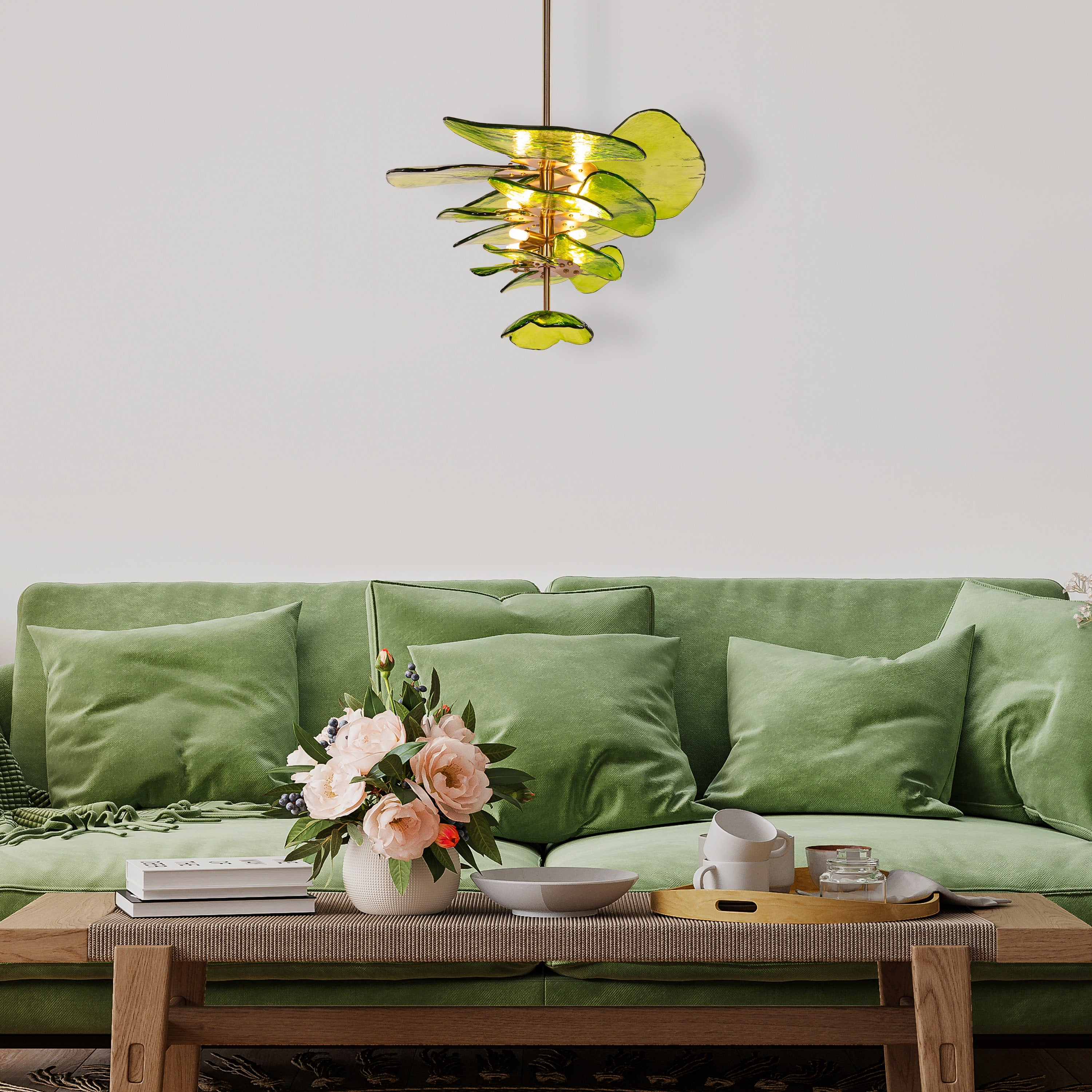 Luminous Lotus (Gold, Green) Tinted Glass Pendant Light