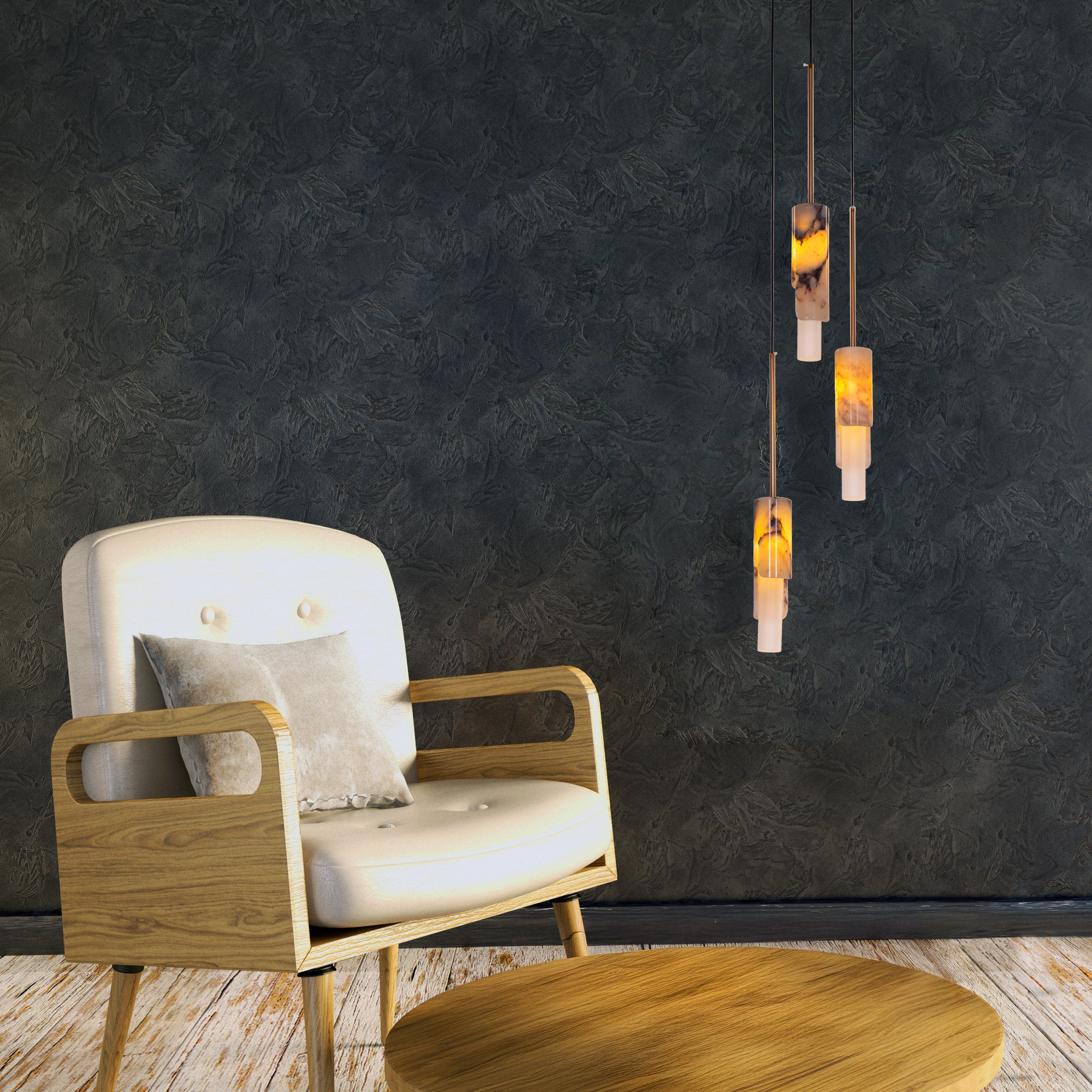 Veil Of Smoke (Gold, Black, White) Marble 3 Head Pendant Light