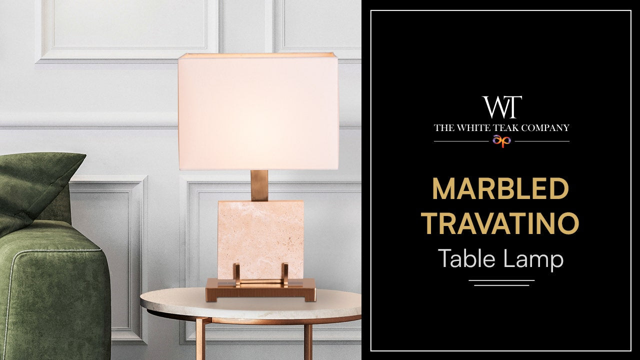 Marbled Travatino (Rectangular, Beige, White) Marble Table Lamp