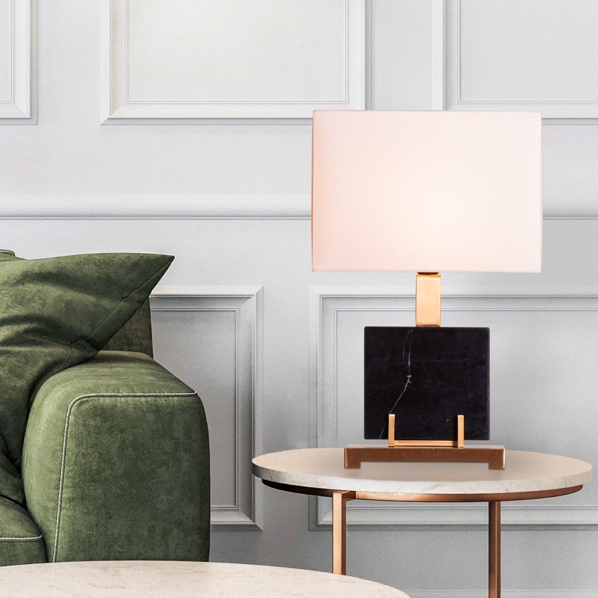 Marbled Travatino (Rectangular, Black, White) Marble Table Lamp