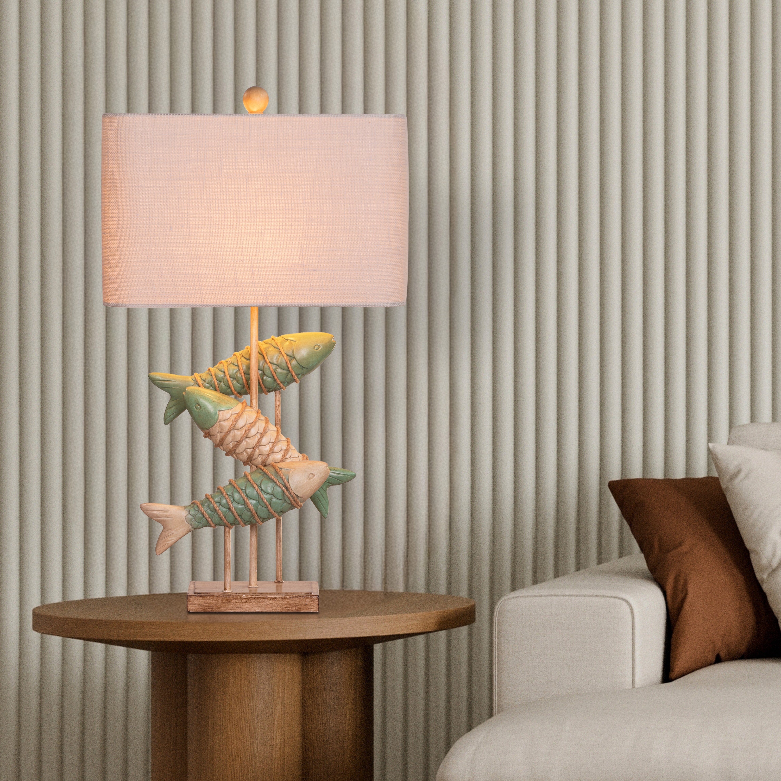 Something Fishy (Green, Beige) Wooden Table Lamp