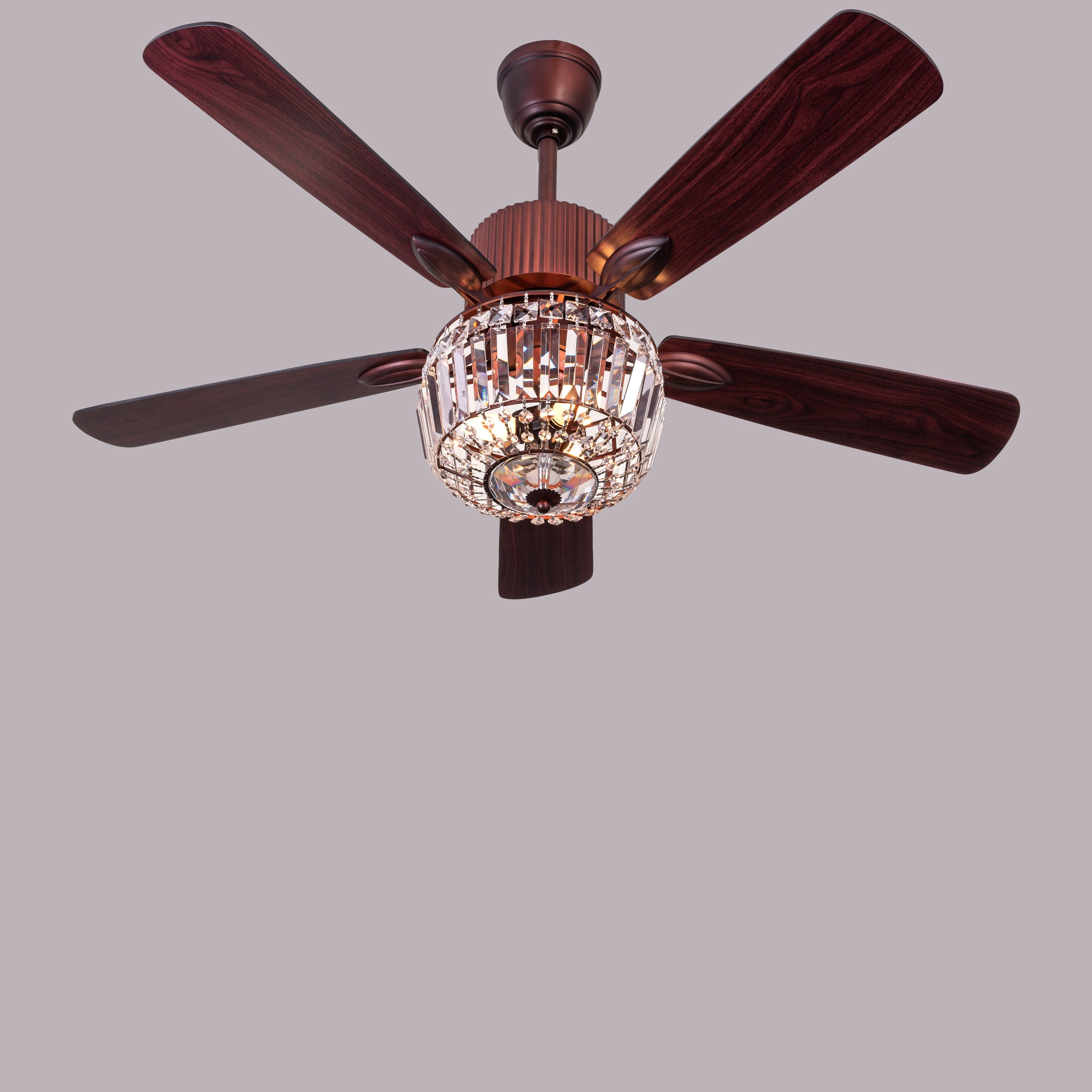 Encrusted (132 cm Span, Mahogany Color Metal Body, Mahogany Finish MDF Blades) Crystal Chandelier Ceiling Fan
