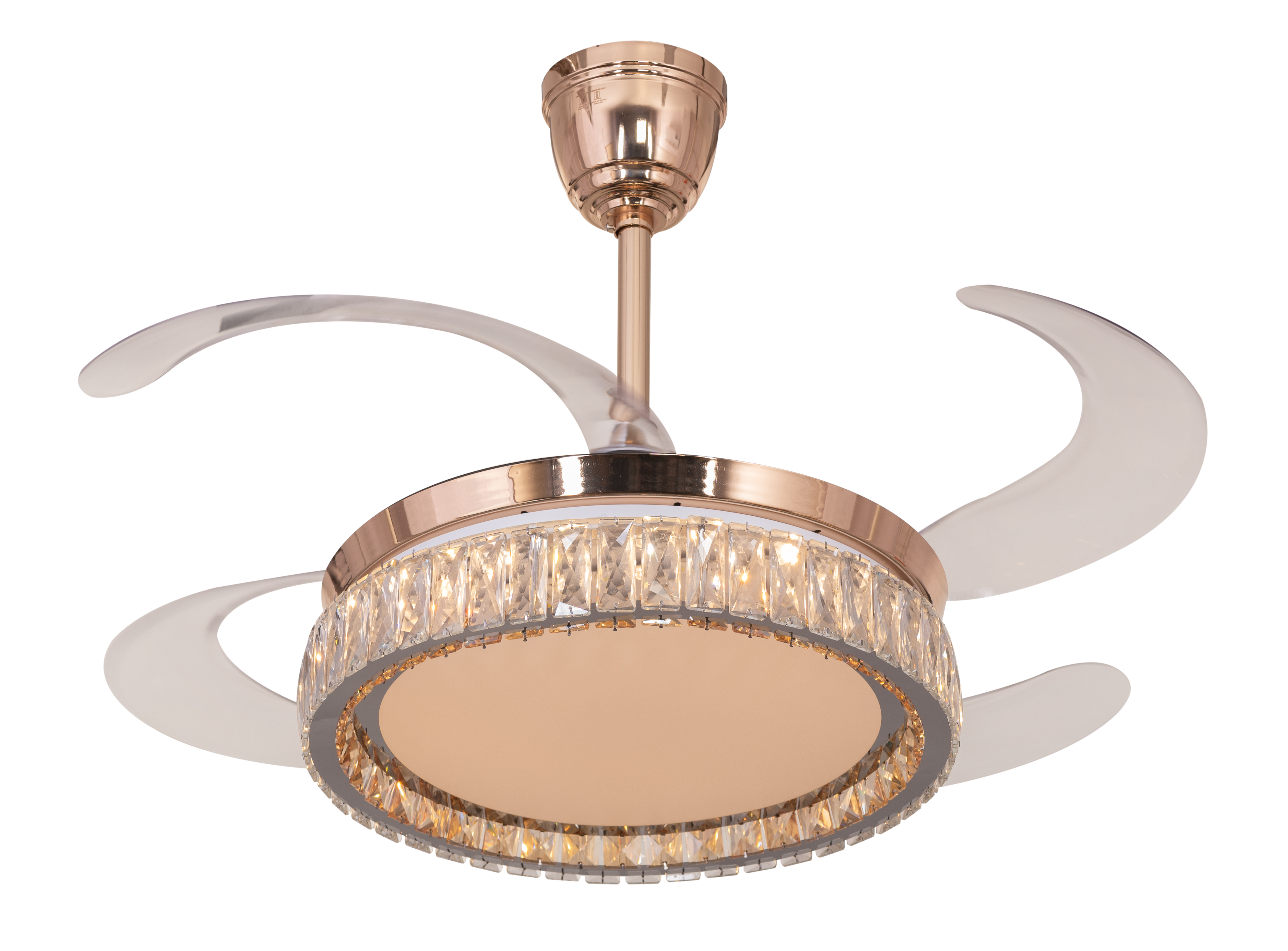 Through The Fire (112 cm Span, Matte Gold Finish Metal Body, Transparent ABS Plastic) 3 Color LED With Remote Control Crystal Chandelier Ceiling Fan