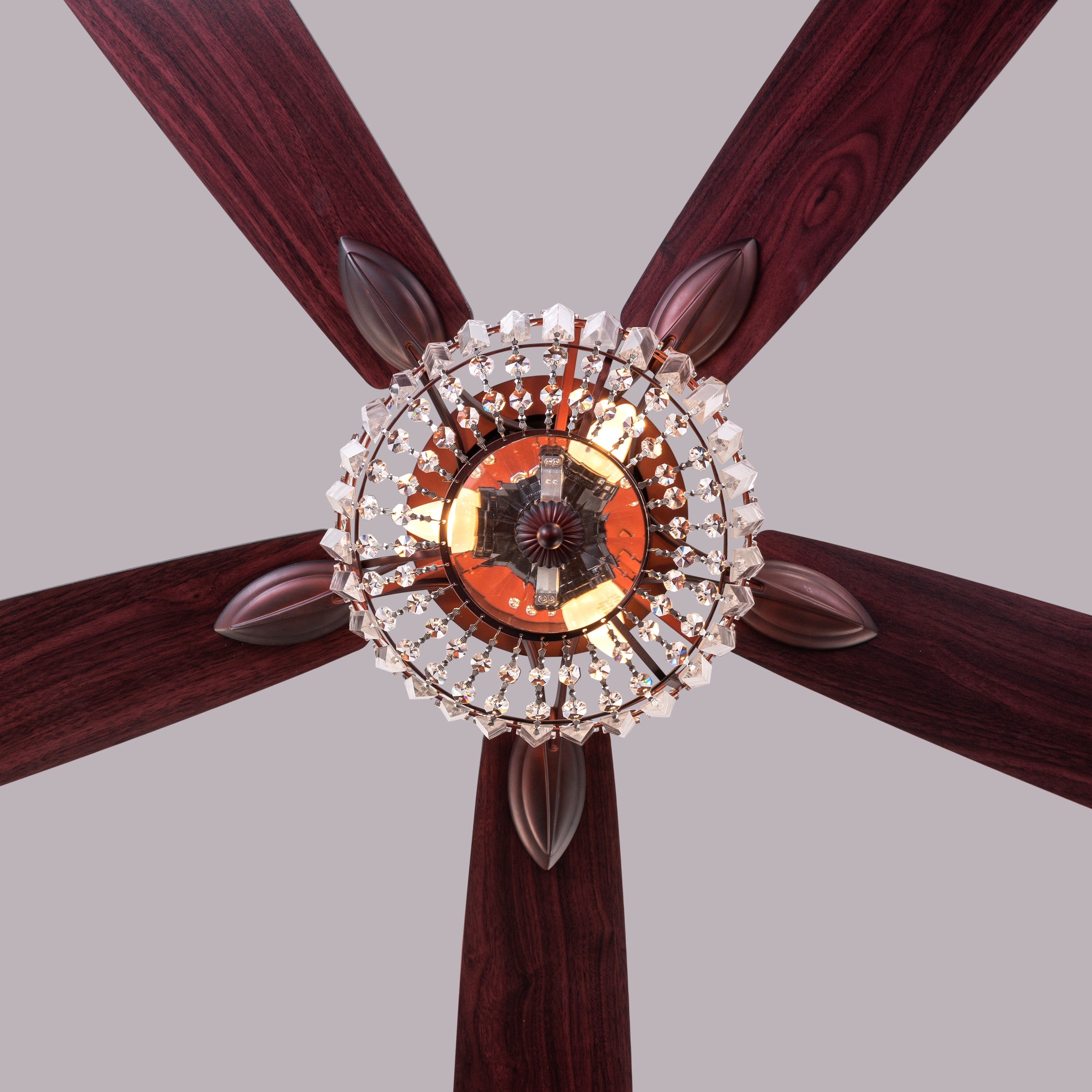 Encrusted (132 cm Span, Mahogany Color Metal Body, Mahogany Finish MDF Blades) Crystal Chandelier Ceiling Fan